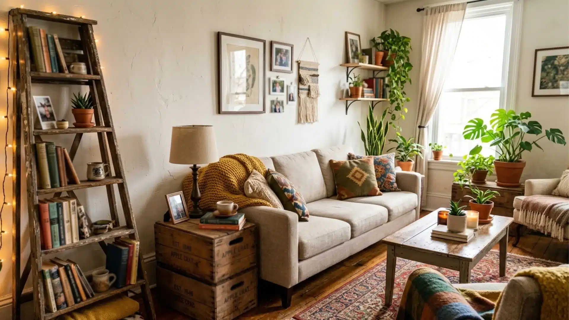 a well-decorated living room showcasing a couch, a chair, a bookshelf, and vibrant plants for a welcoming atmosphere
