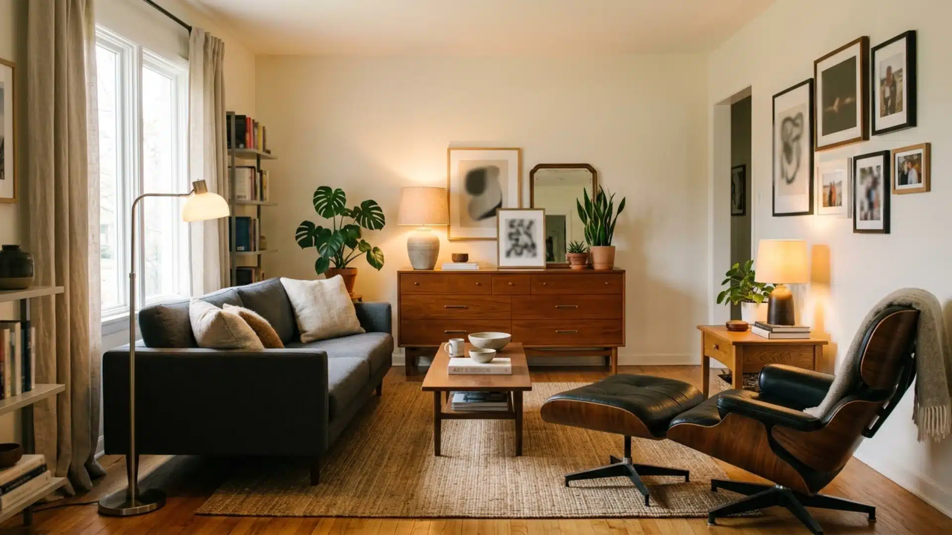 a well-furnished living room with a couch, a chair, a coffee table, and decorative pictures displayed on the walls