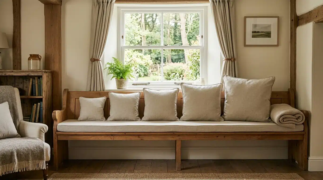 a wooden bench adorned with colorful pillows, positioned near a large window allowing natural light to enter