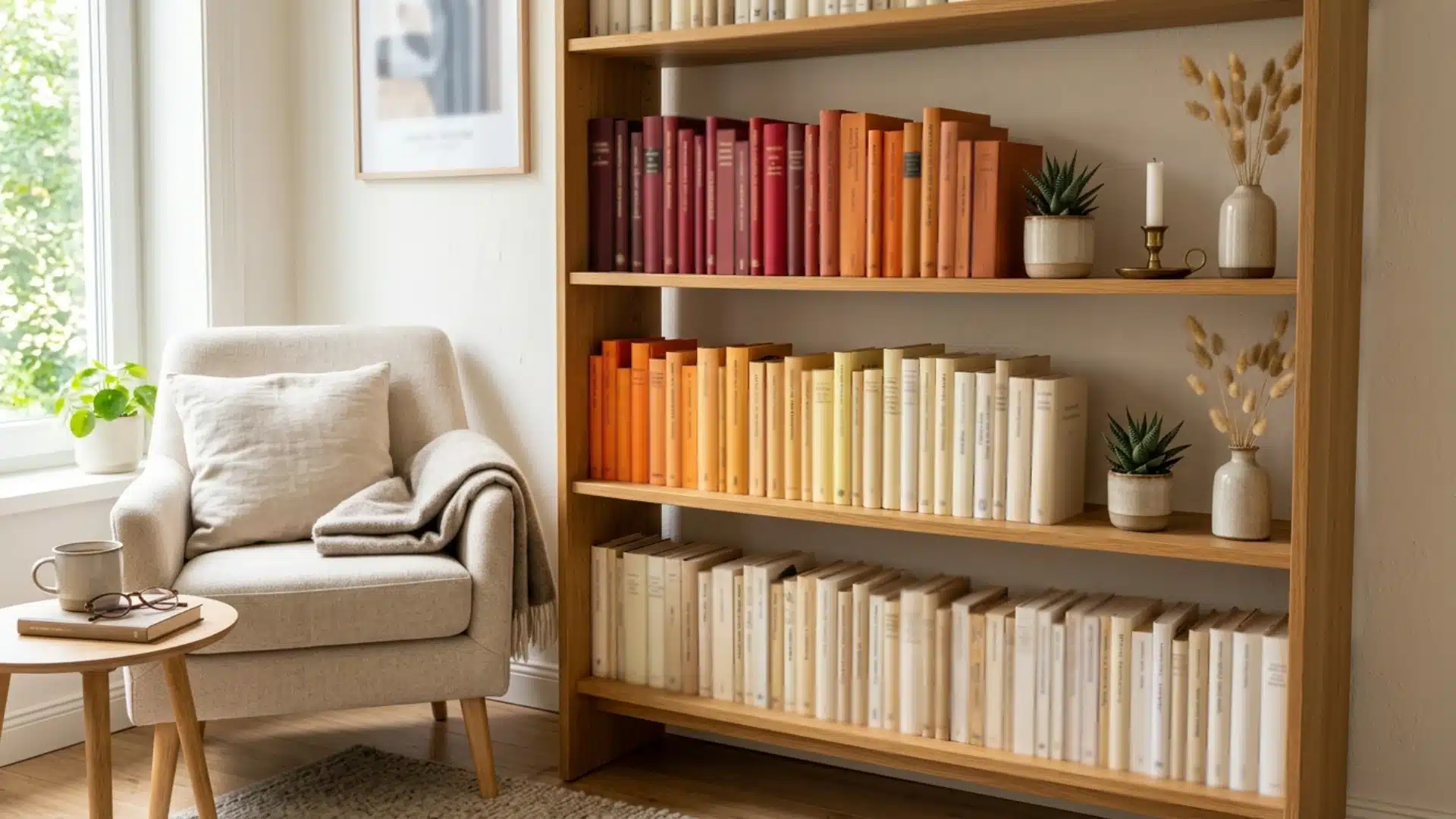 a wooden bookshelf filled with various books beside a cozy chair, creating a reading nook atmosphere