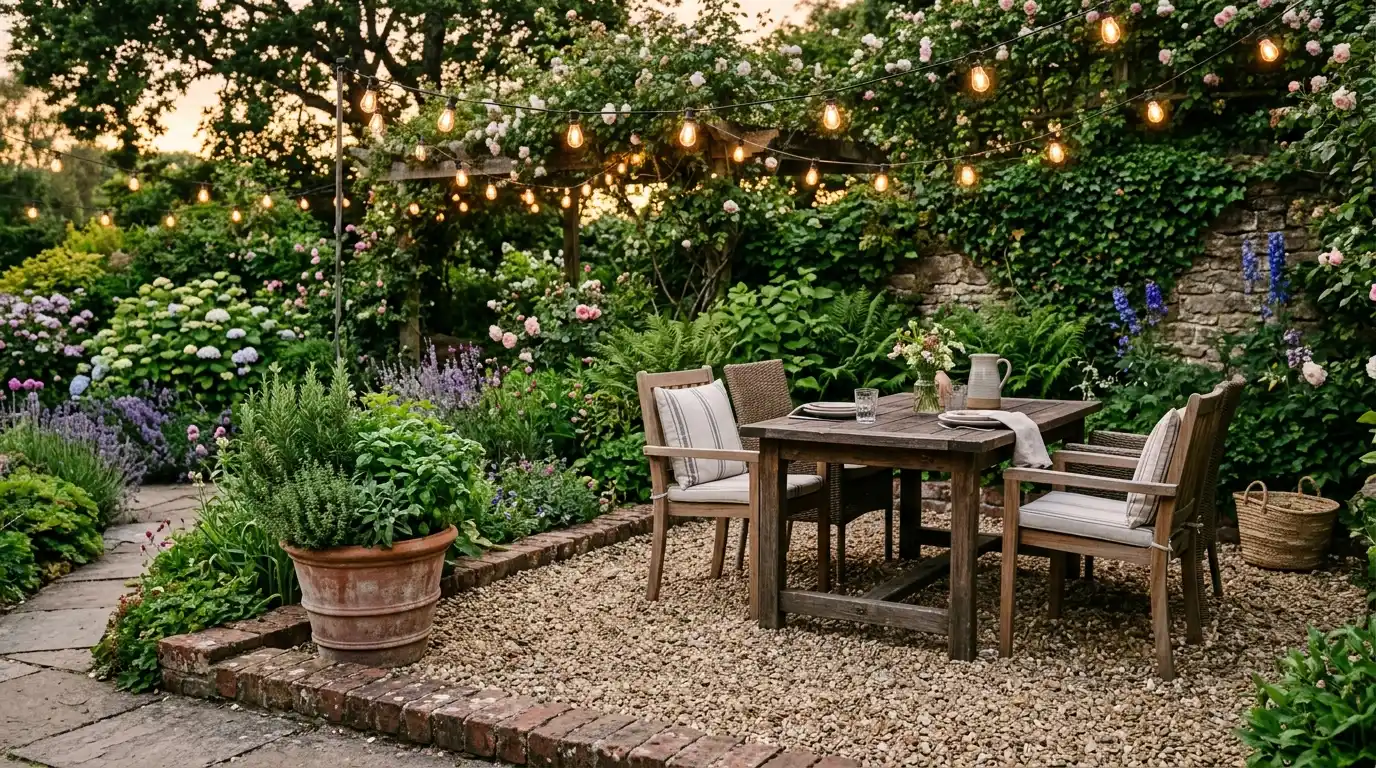 a wooden table and four cushioned chairs sit on a gravel patio in a lush flower garden beneath strings of lights