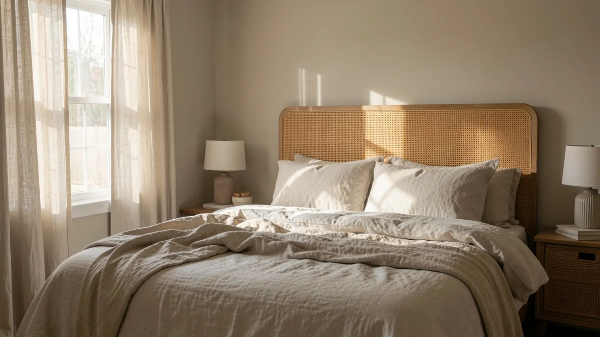 a woven rattan headboard against a neutral wall in a sunlit bedroom with wrinkled linen bedding
