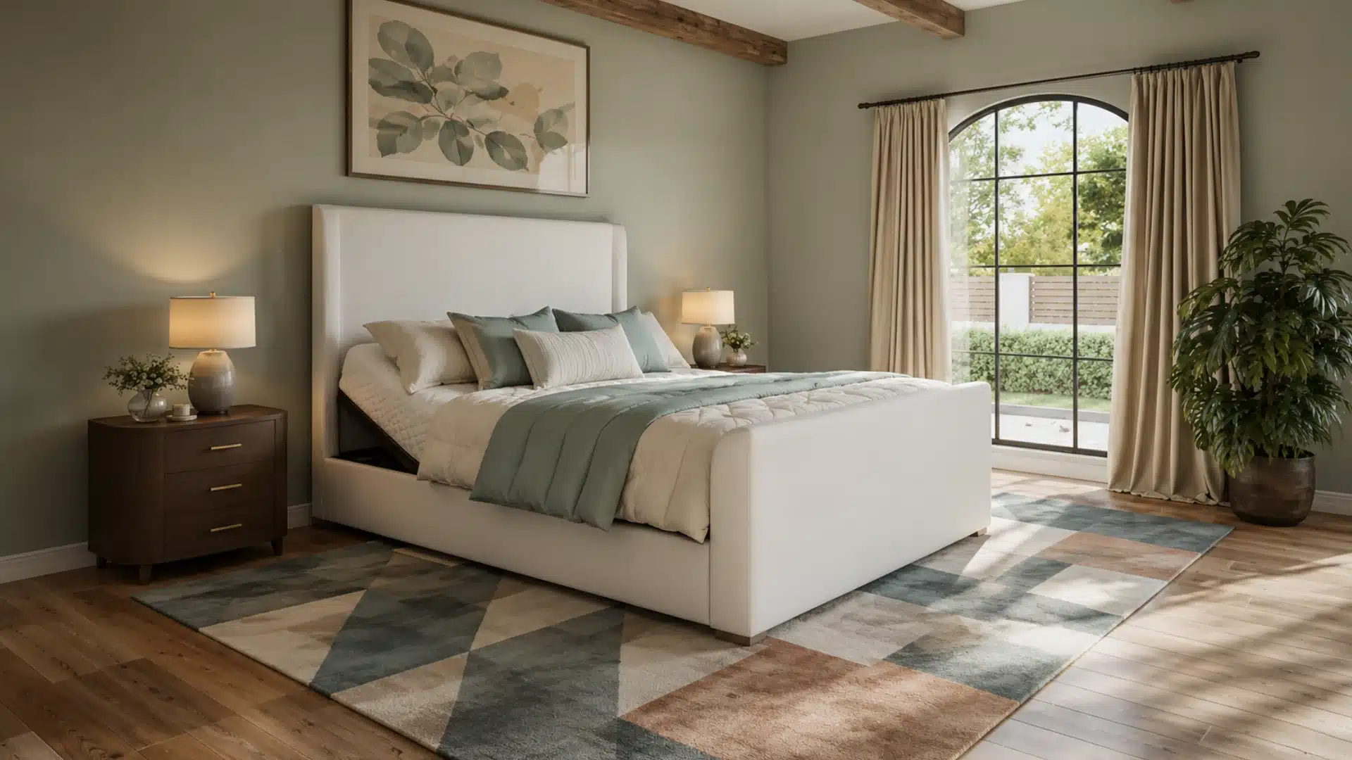 adjustable bed with accessible nightstand placed beside raised mattress position