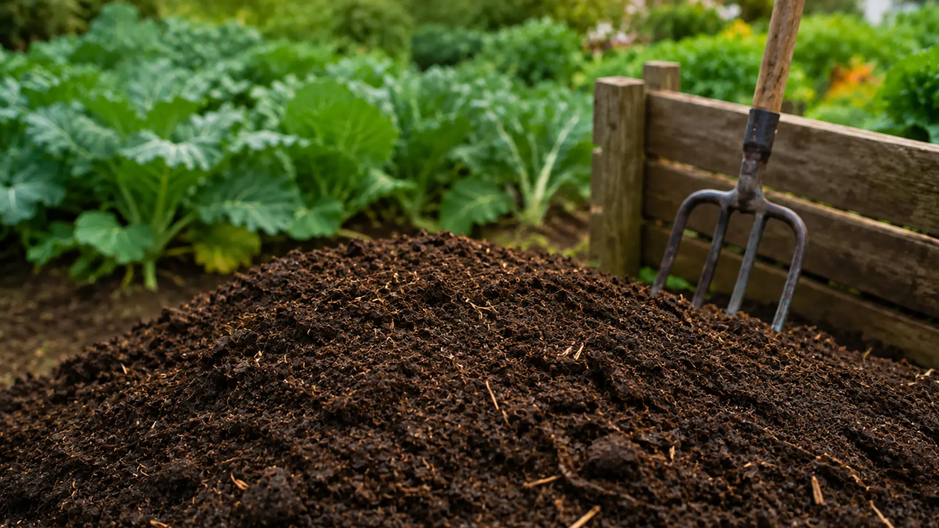 aged composted manure with a natural crumbly texture in a sunlit garden setting