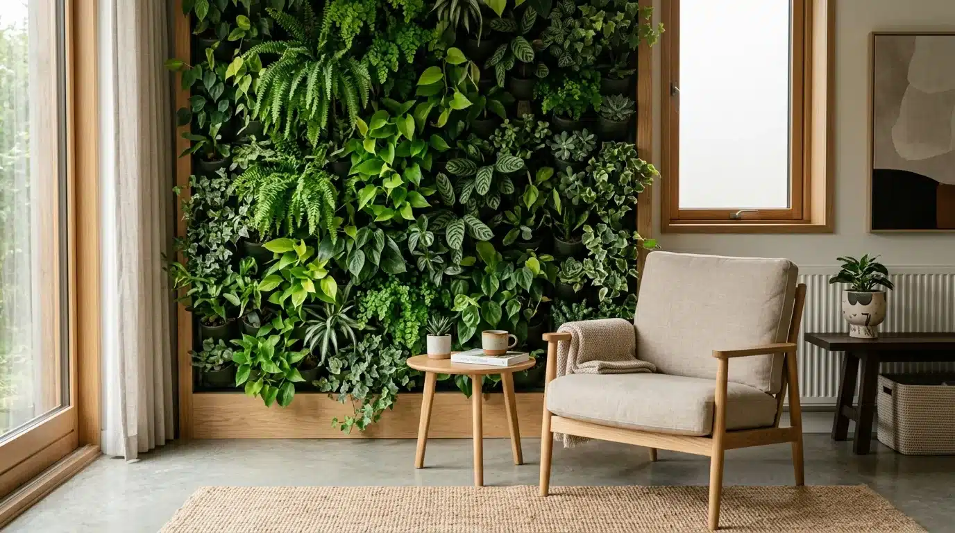 an indoor living wall featuring various plants, alongside a chair and table in a stylish room