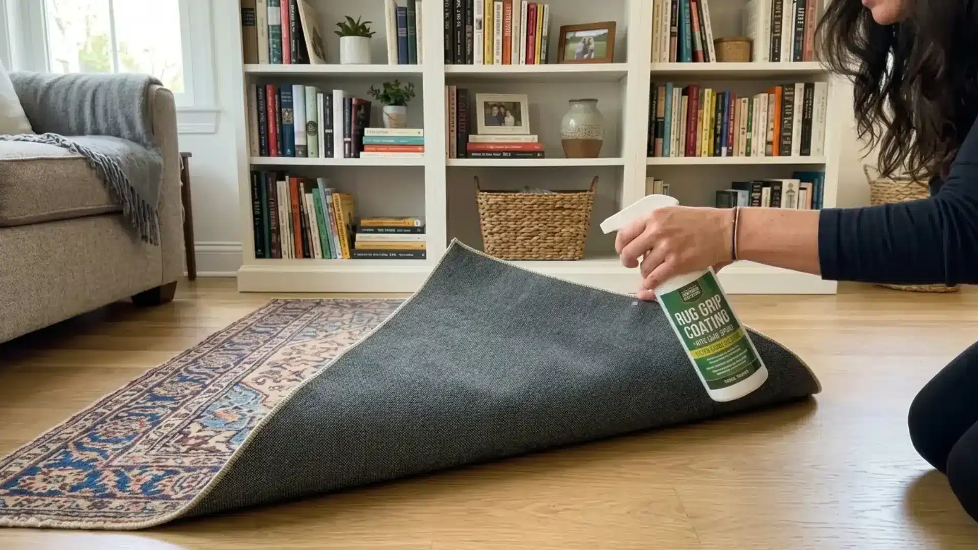 anti slip rug grip coating sprayed underside of flipped rug in living room