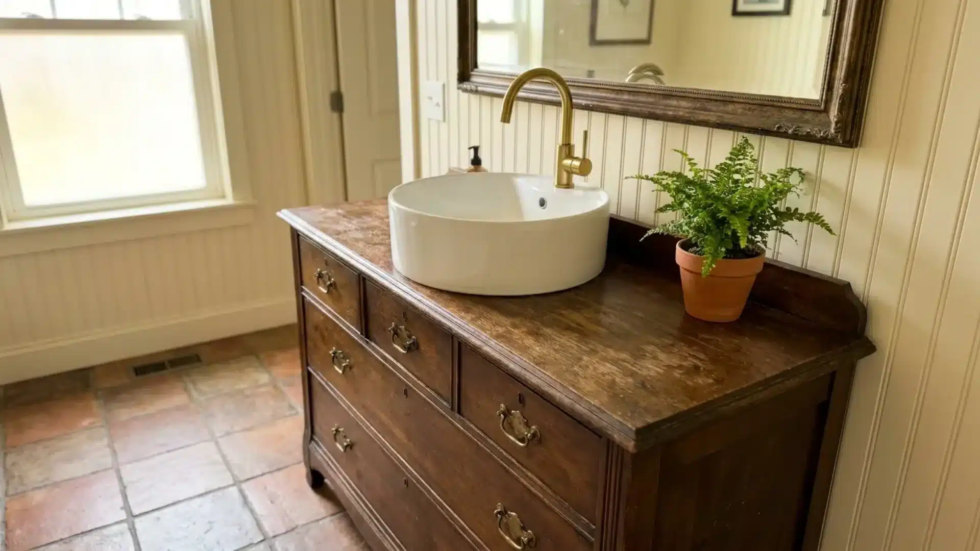 antique wood dresser converted into bathroom vanity with round sink and potted fern