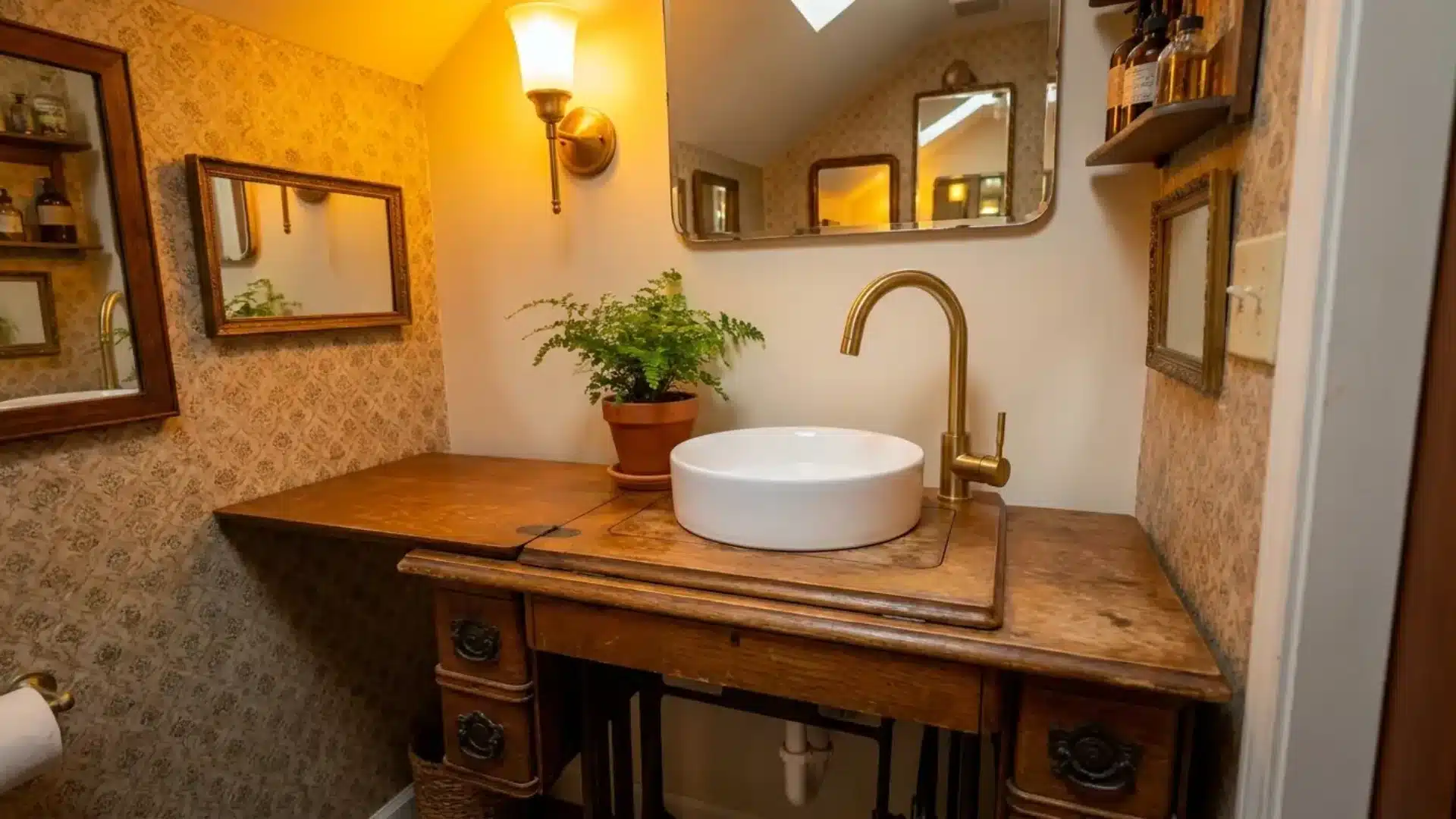 antique wood sewing table converted into a small vanity with round sink and potted fern