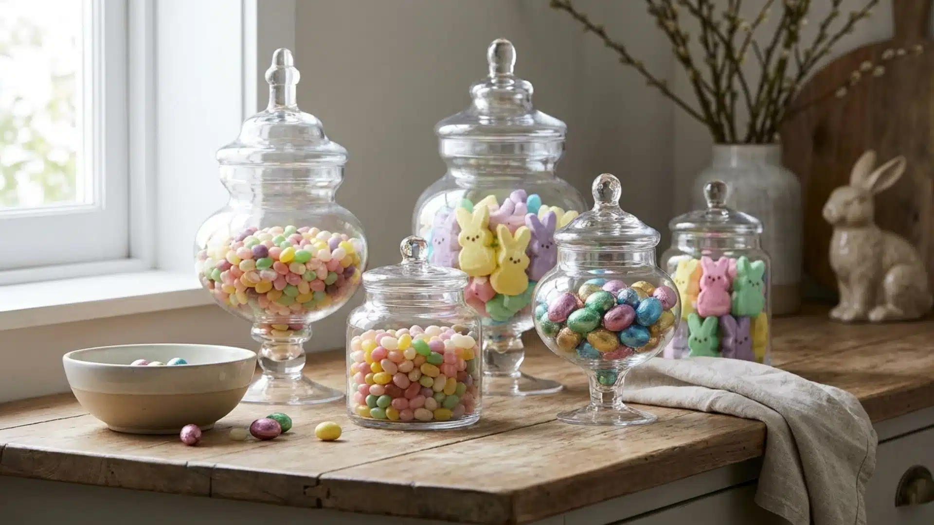 apothecary jars filled with pastel candies arranged on a kitchen counter