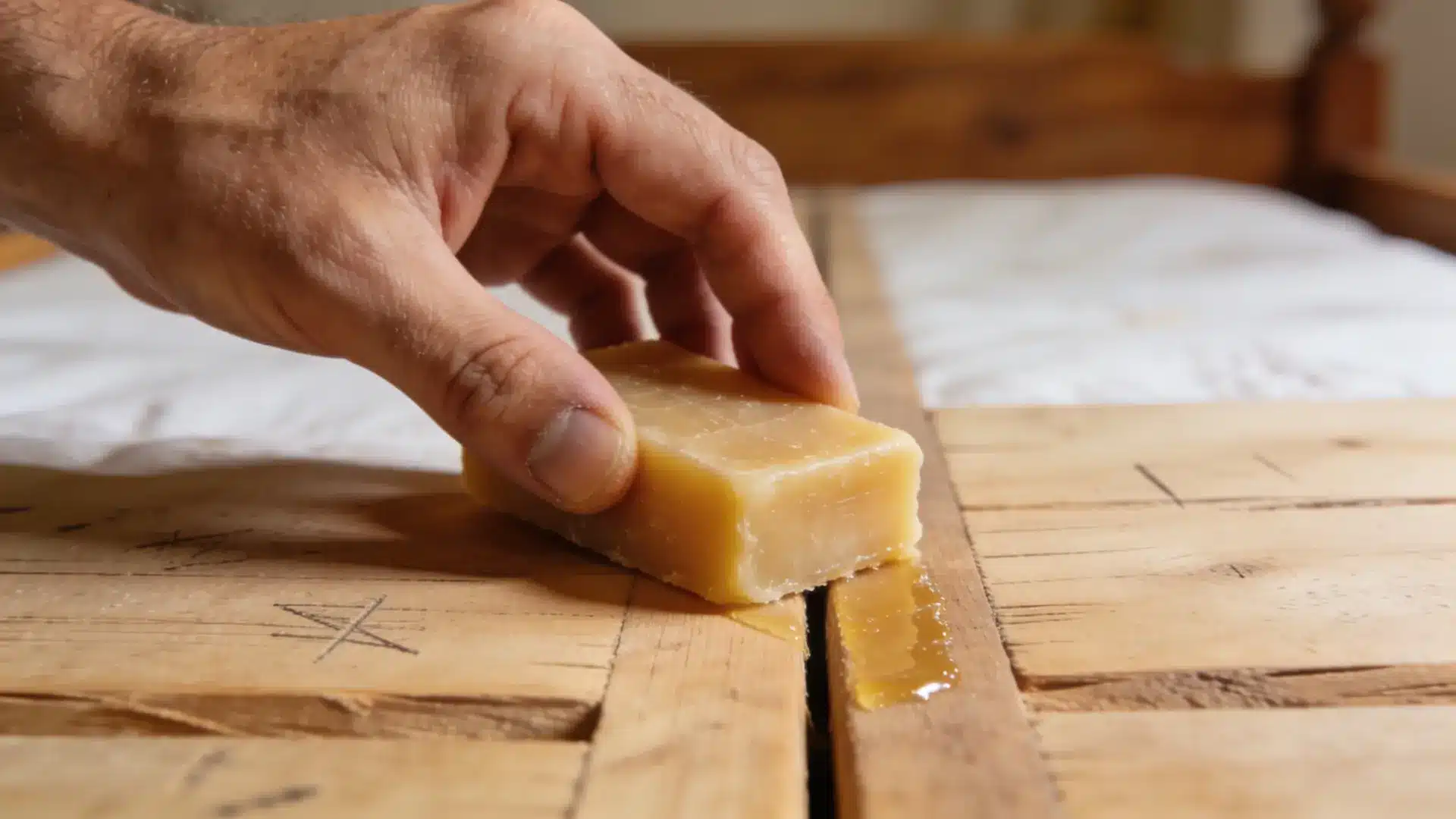 applying beeswax to a wooden bed frame joint to reduce squeaking