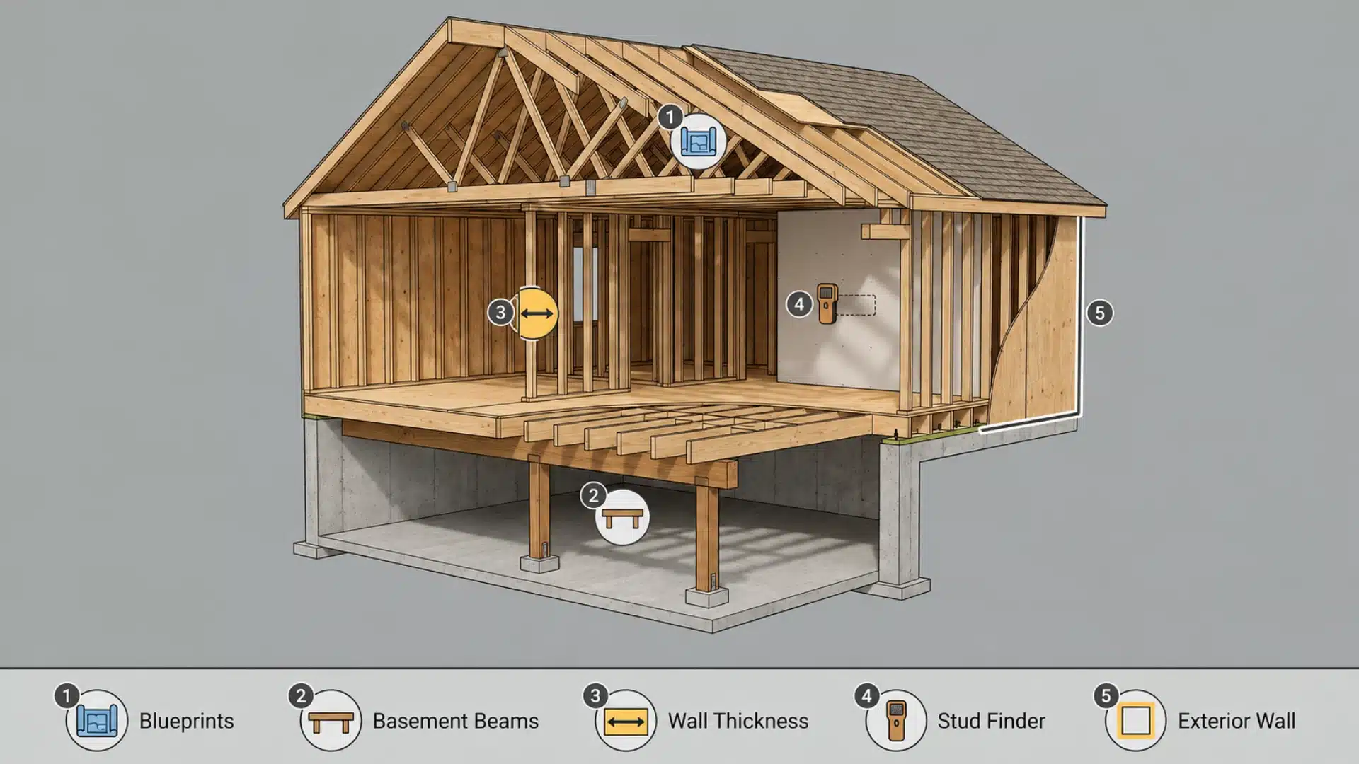 architectural cutaway diagram of house framing showing five load bearing wall identification points