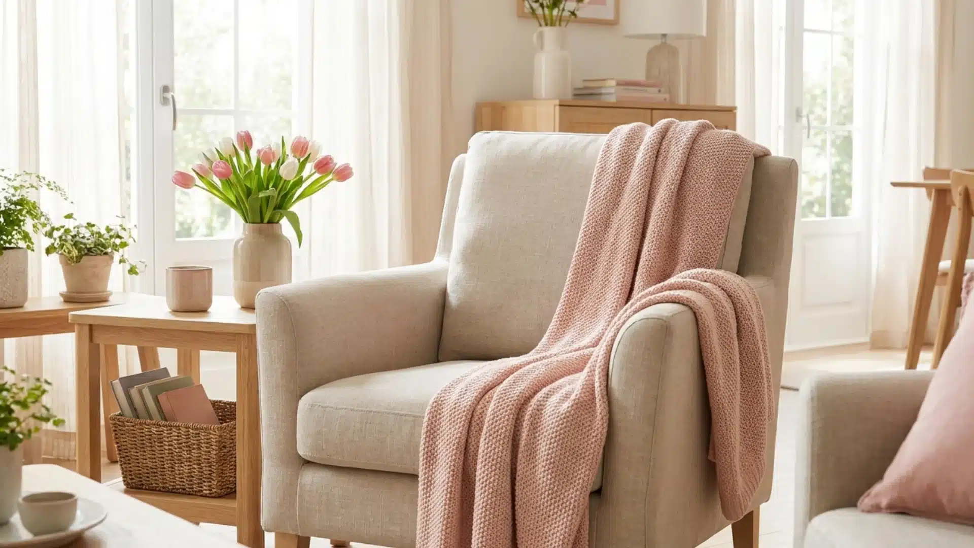 armchair draped with a soft blush pink pastel spring throw blanket