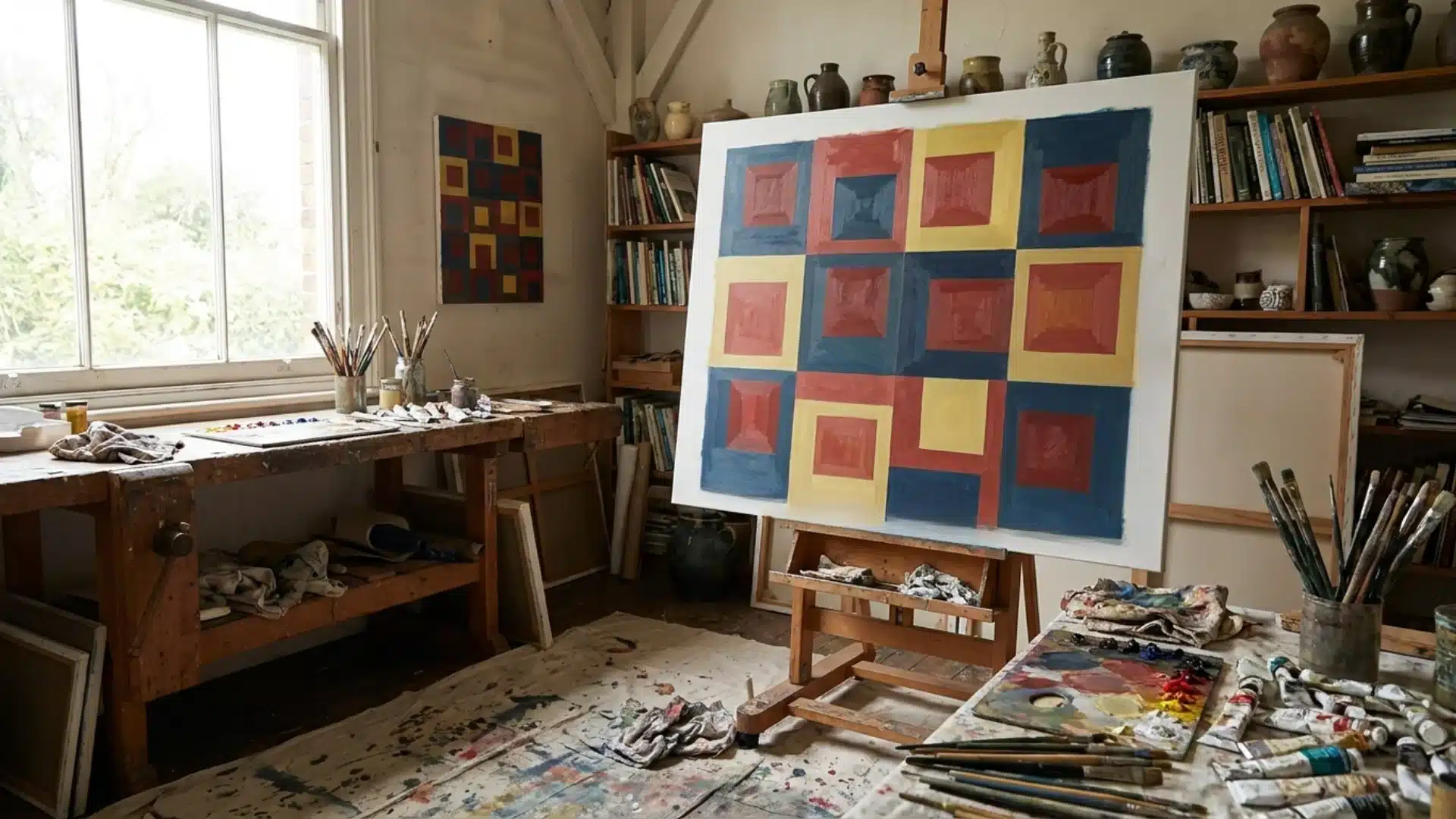 art studio featuring a geometric grid painting in red yellow and blue triadic colors