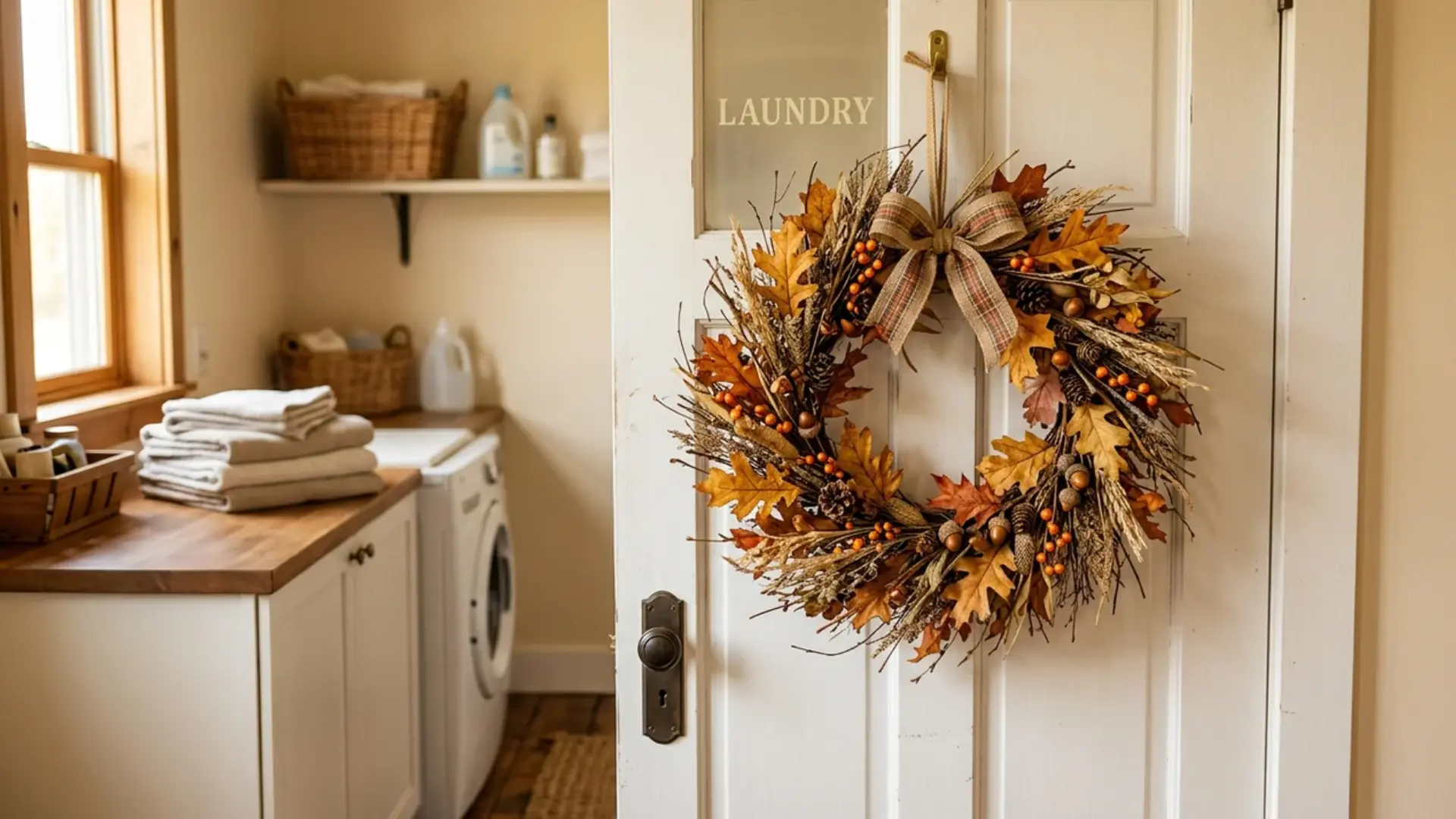 autumn leaf wreath hanging on a glass paneled laundry door with folded towels in the background
