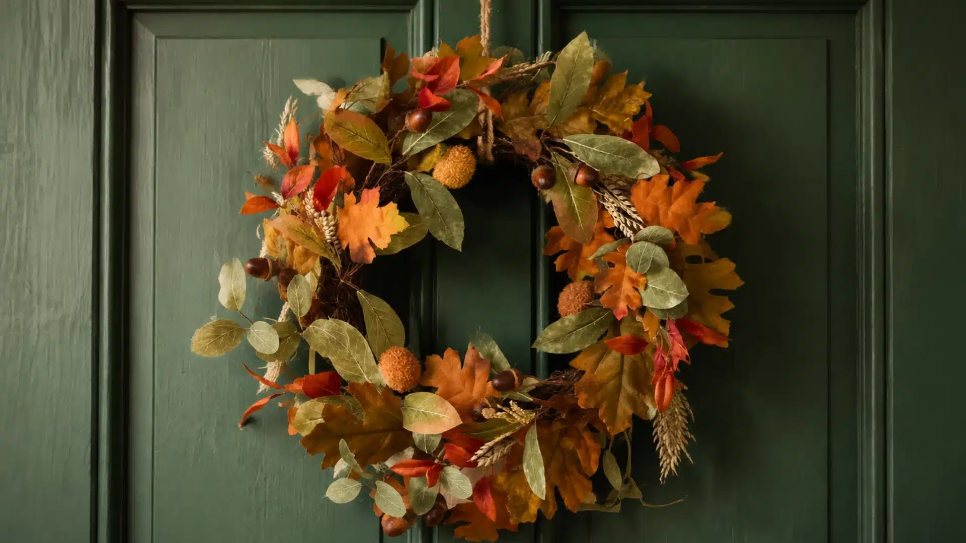 autumn leaf wreath with layered fall-colored leaves