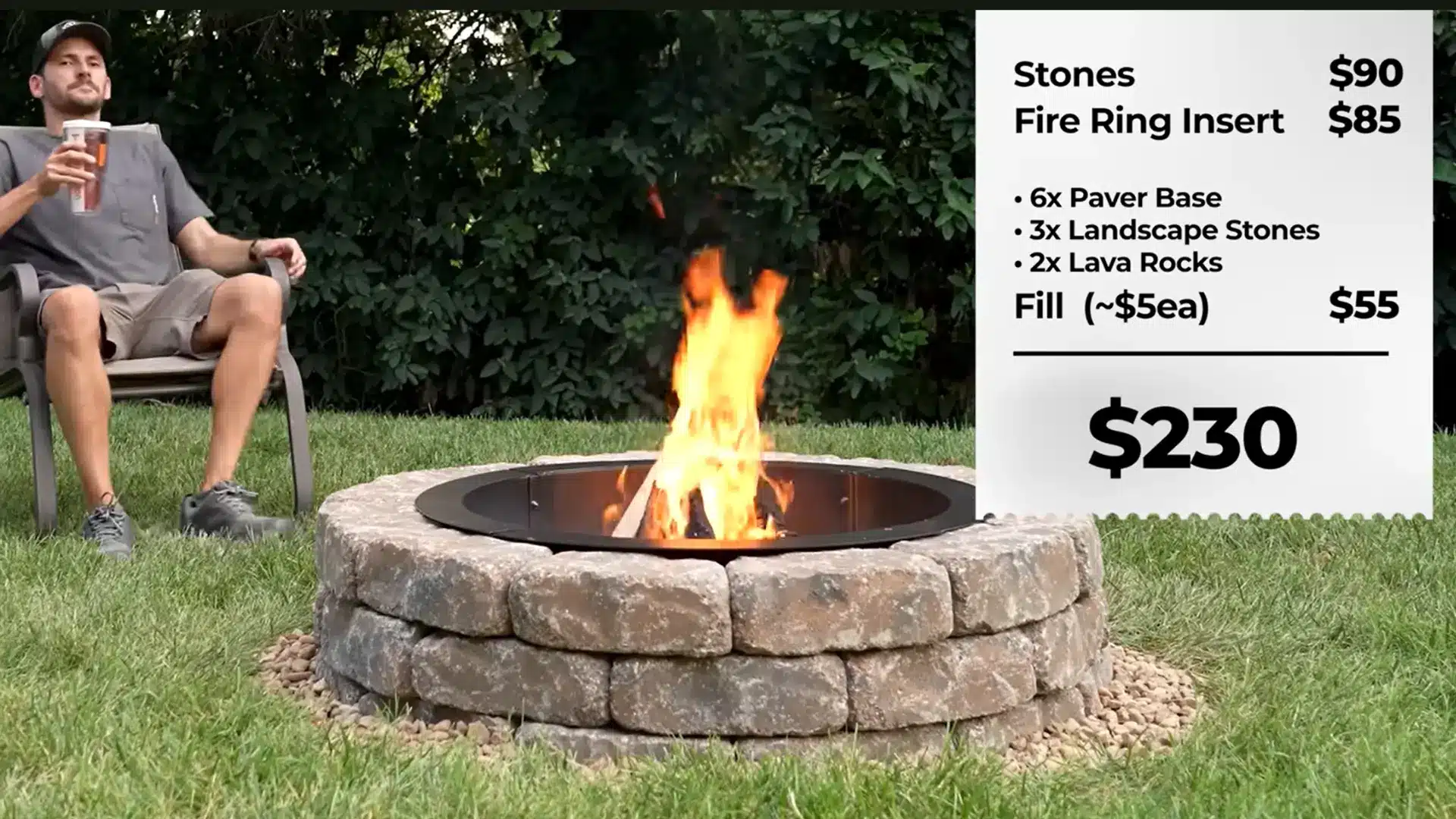 Backyard fire pit setup with seating, string lights, and a wood storage rack