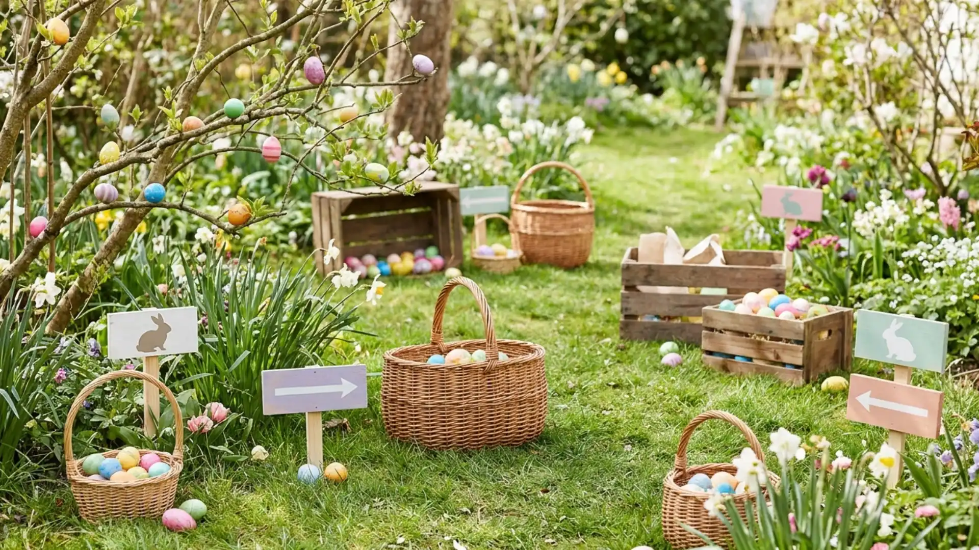 backyard scattered with colorful easter eggs baskets and yard markers