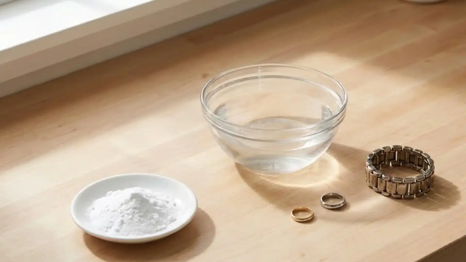 baking soda, warm water, and jewelry arranged for a simple cleaning method