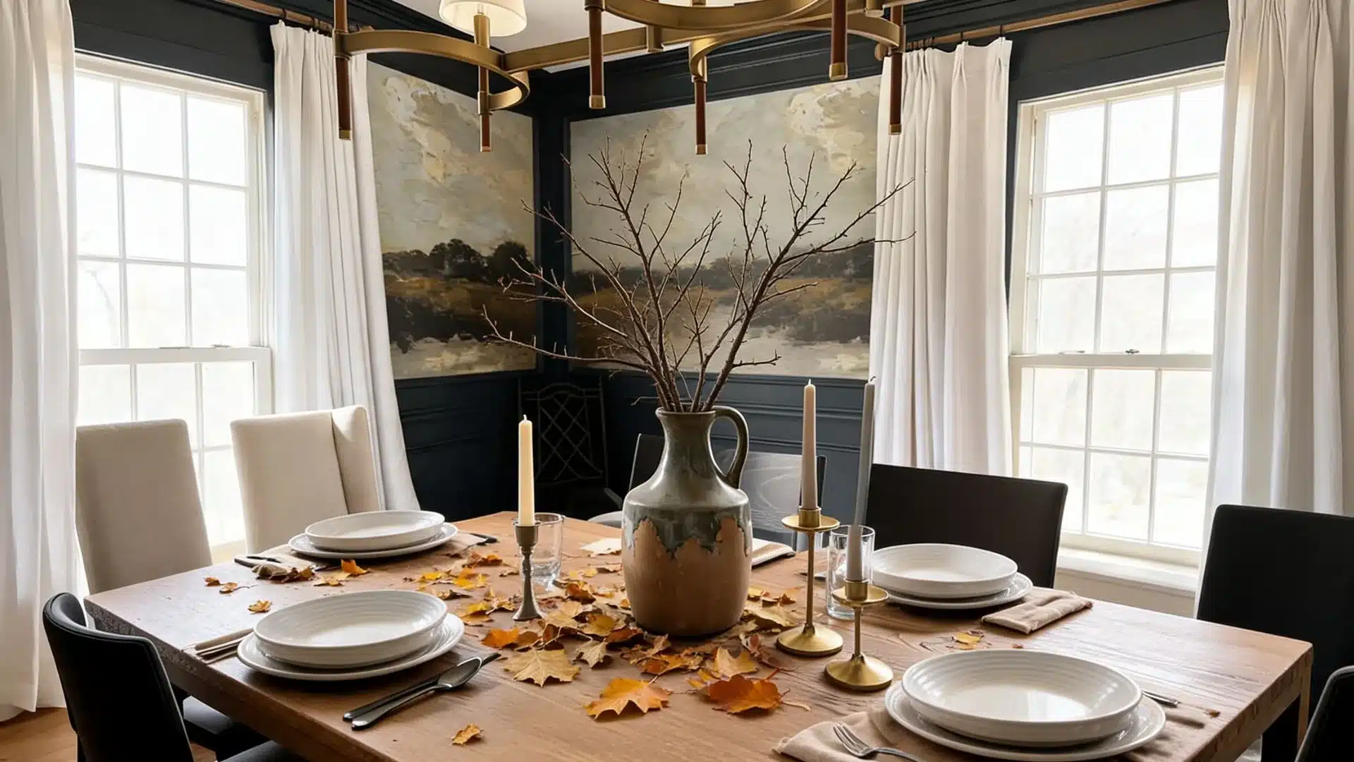 bare branches in a rustic ceramic pitcher with scattered fall leaves and brass candlesticks
