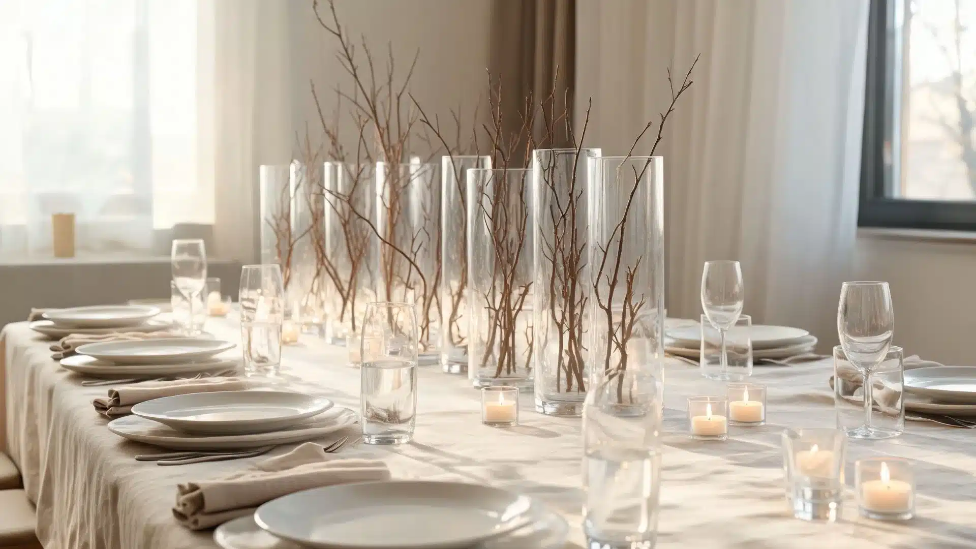 bare branches in tall glass cylinders with votive candles on a white table setting