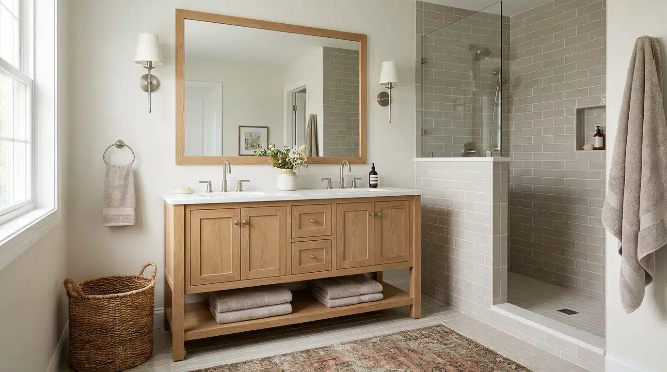 bathroom with a wooden double vanity, large mirror, glass-enclosed gray-tile shower, folded towels, basket, and wall sconces