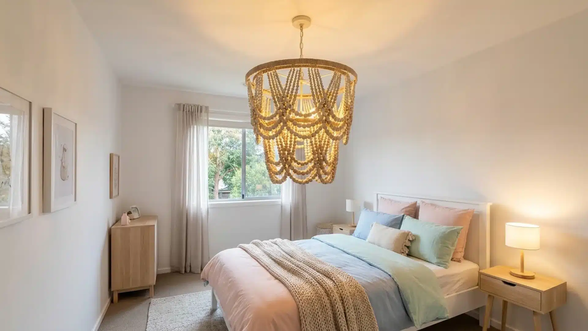 beaded wood chandelier hanging above a bed with pastel pillows in blue pink and green
