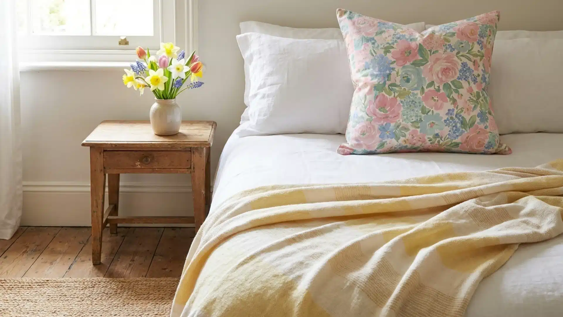 bed styled with a floral cushion pastel throw and flowers on nightstand