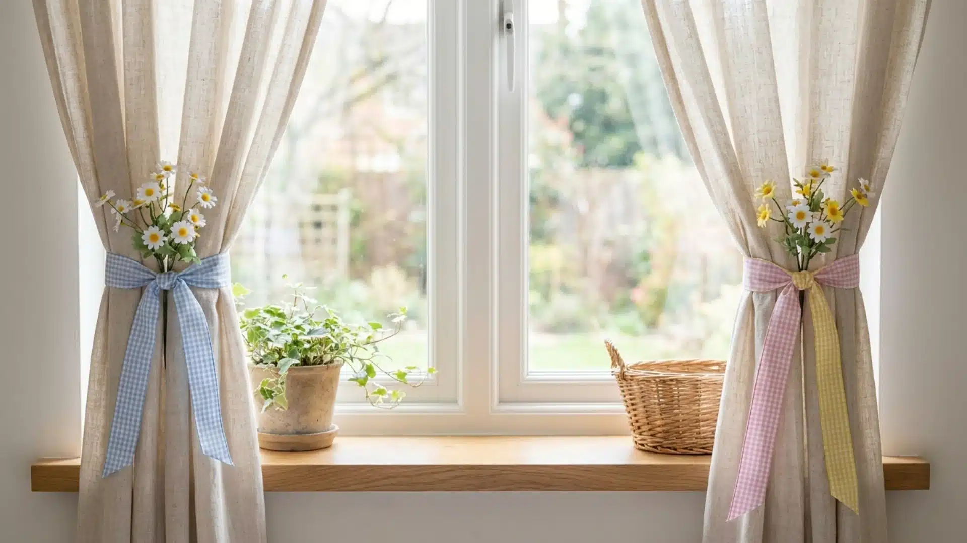 bedroom curtains tied back with pastel ribbon and a small flower