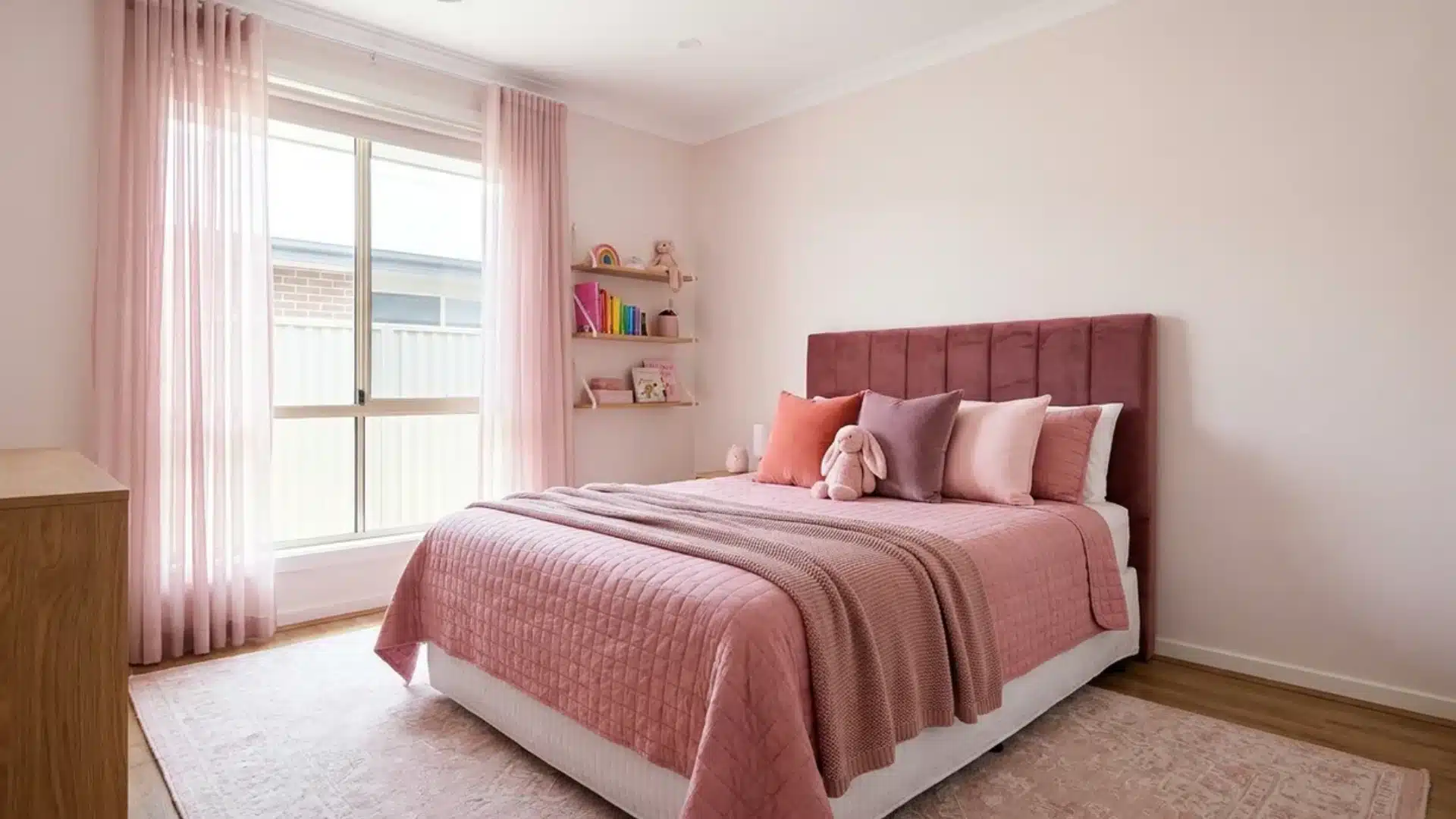 bedroom in layered pink tones with a rose velvet headboard pink pillows and a knit throw blanket