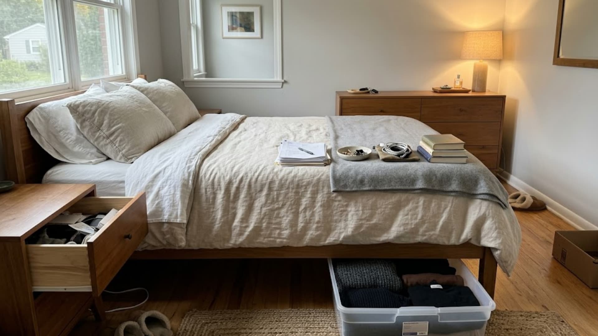 bedroom mid decluttering with items sorted on bed nightstand drawer open and clear storage bin underneath