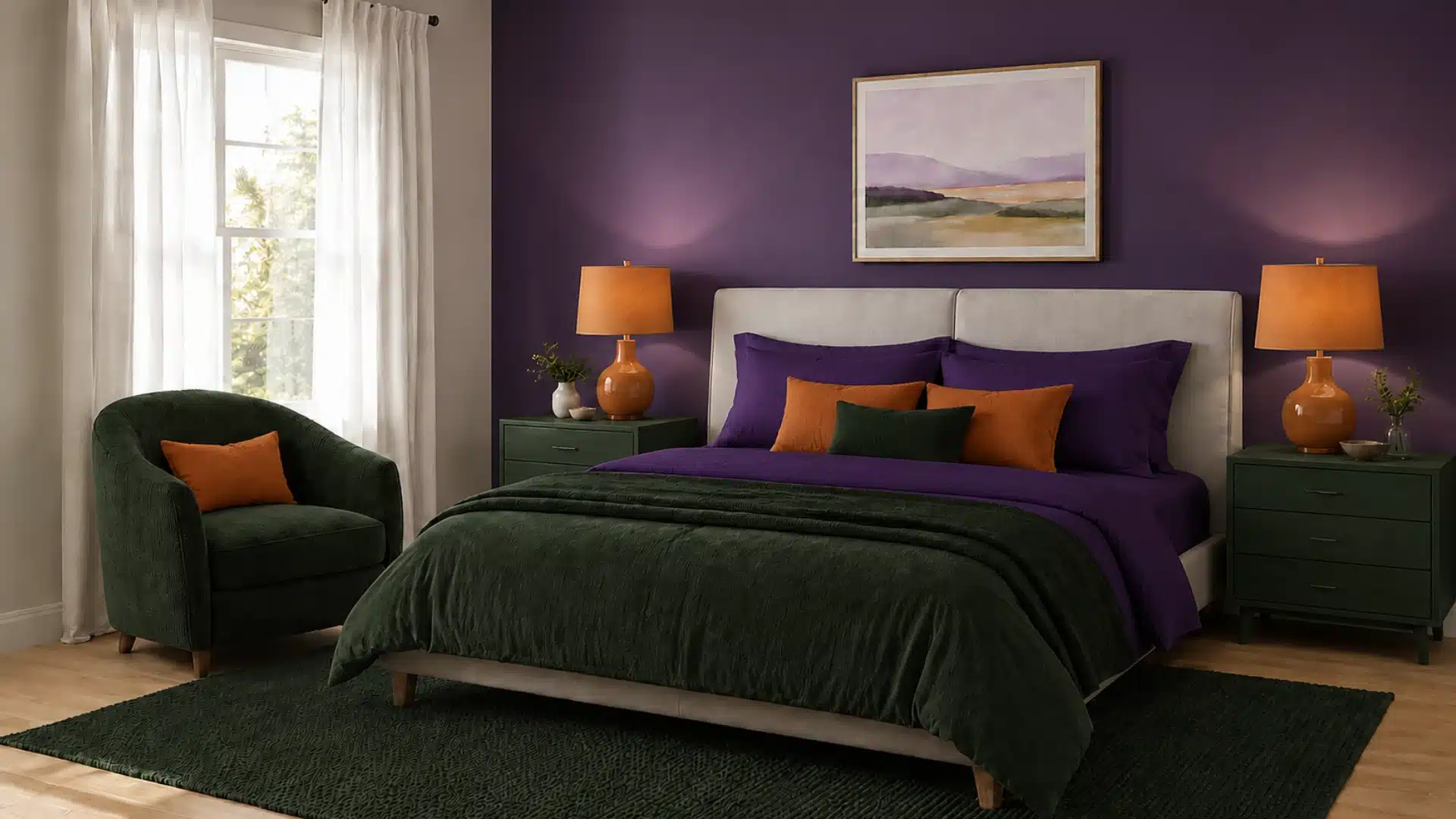 bedroom showing a triadic color scheme of violet, orange and green all across