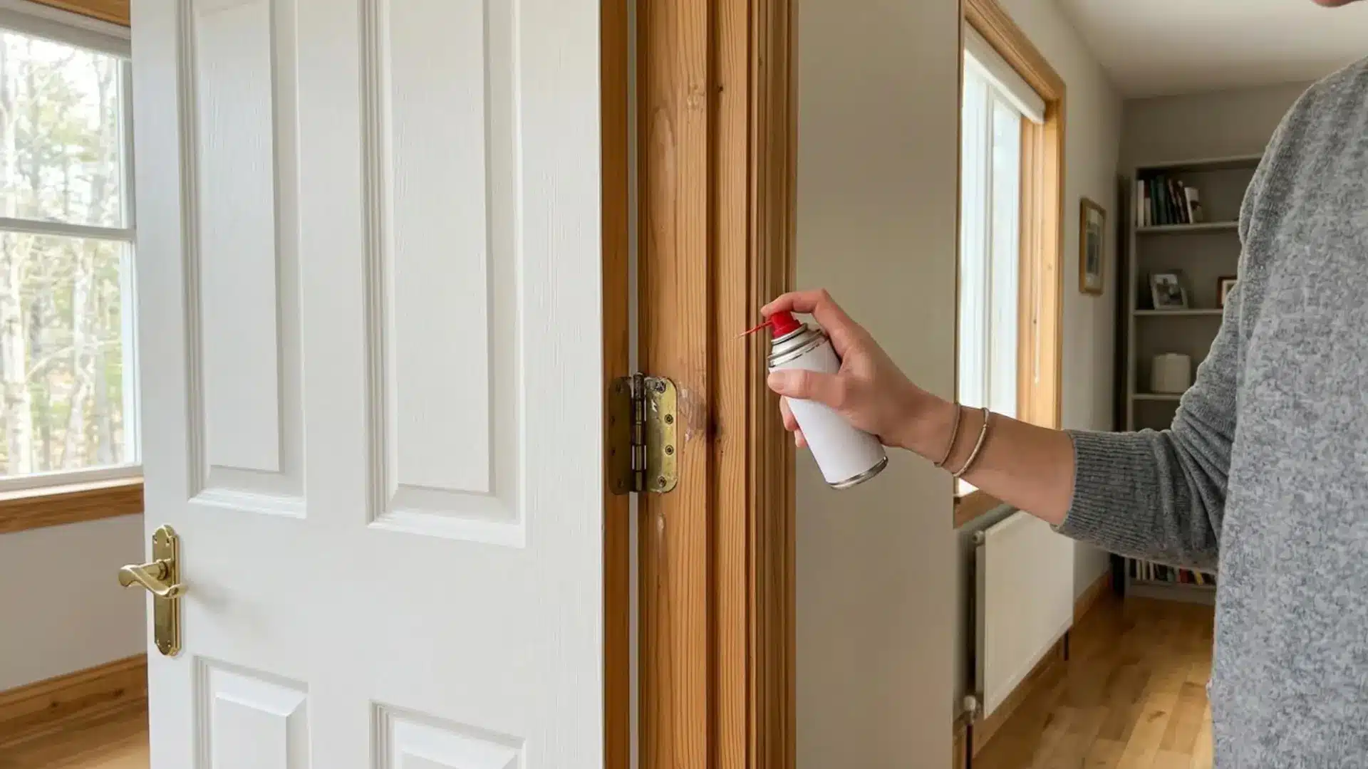 person spraying white lithium grease from a can onto metal door hinge mounted on wood door frame