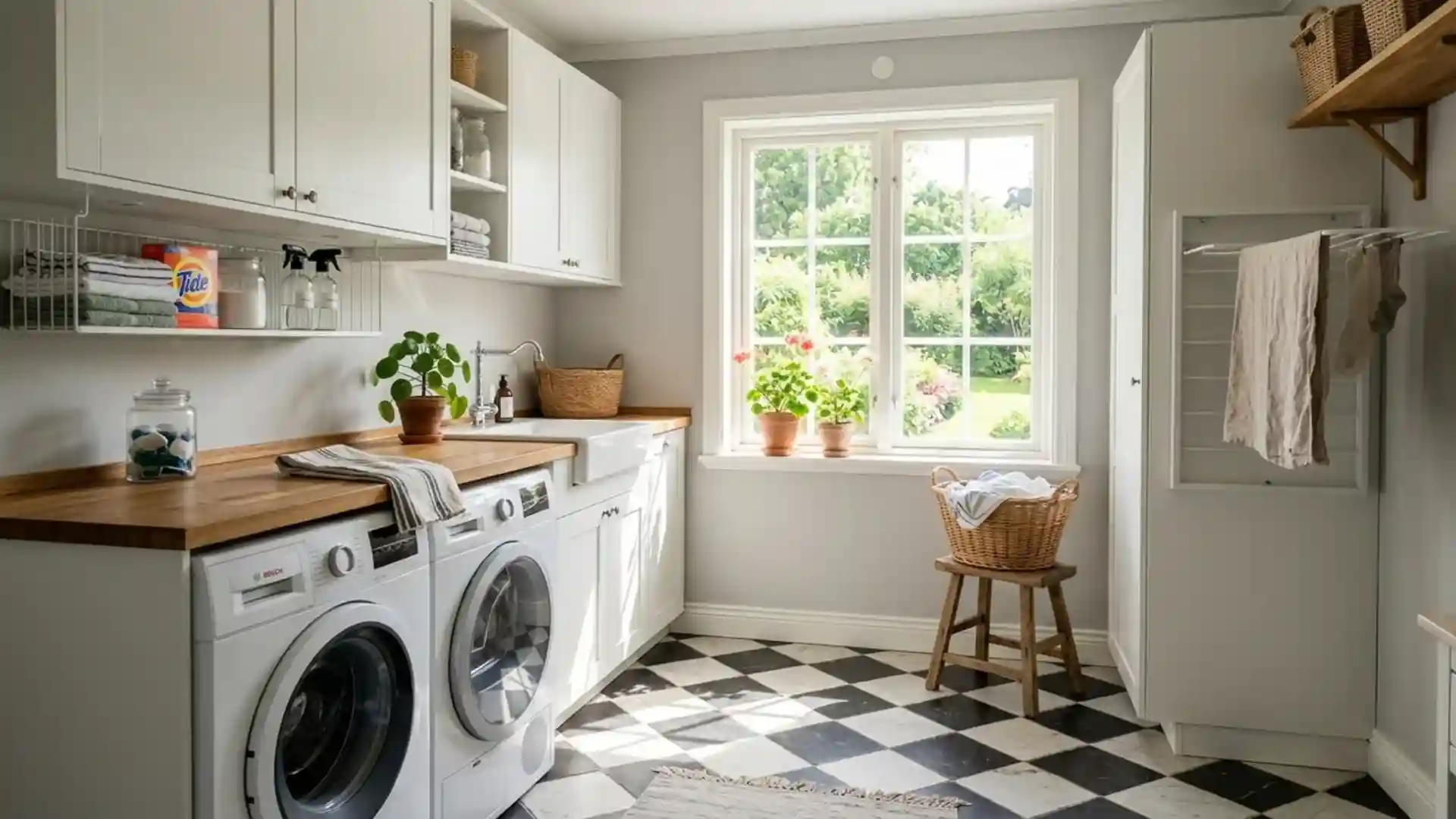 black and white checkerboard tile floor in a bright laundry room with wood countertops and open shelving