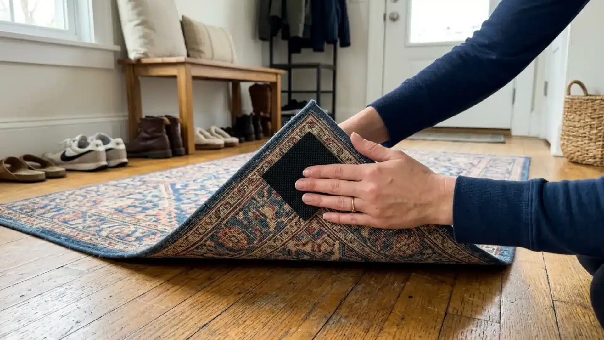 black rubber corner gripper attached under lifted rug corner near entryway bench