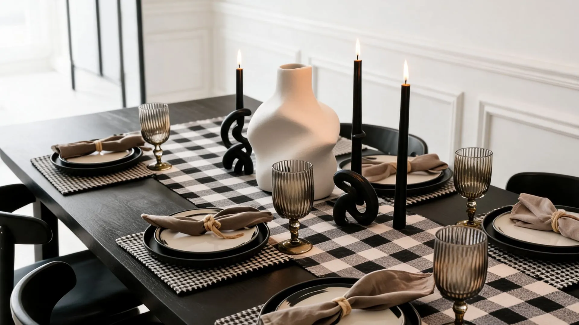 black table with checkered runner, sculptural candleholders, black plates, and smoked glassware