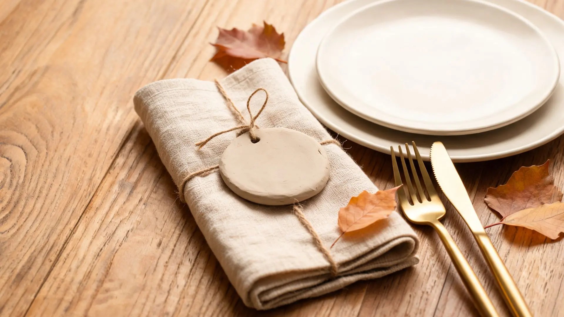 blank clay name tag tied to a linen napkin with twine, autumn leaves, and gold flatware
