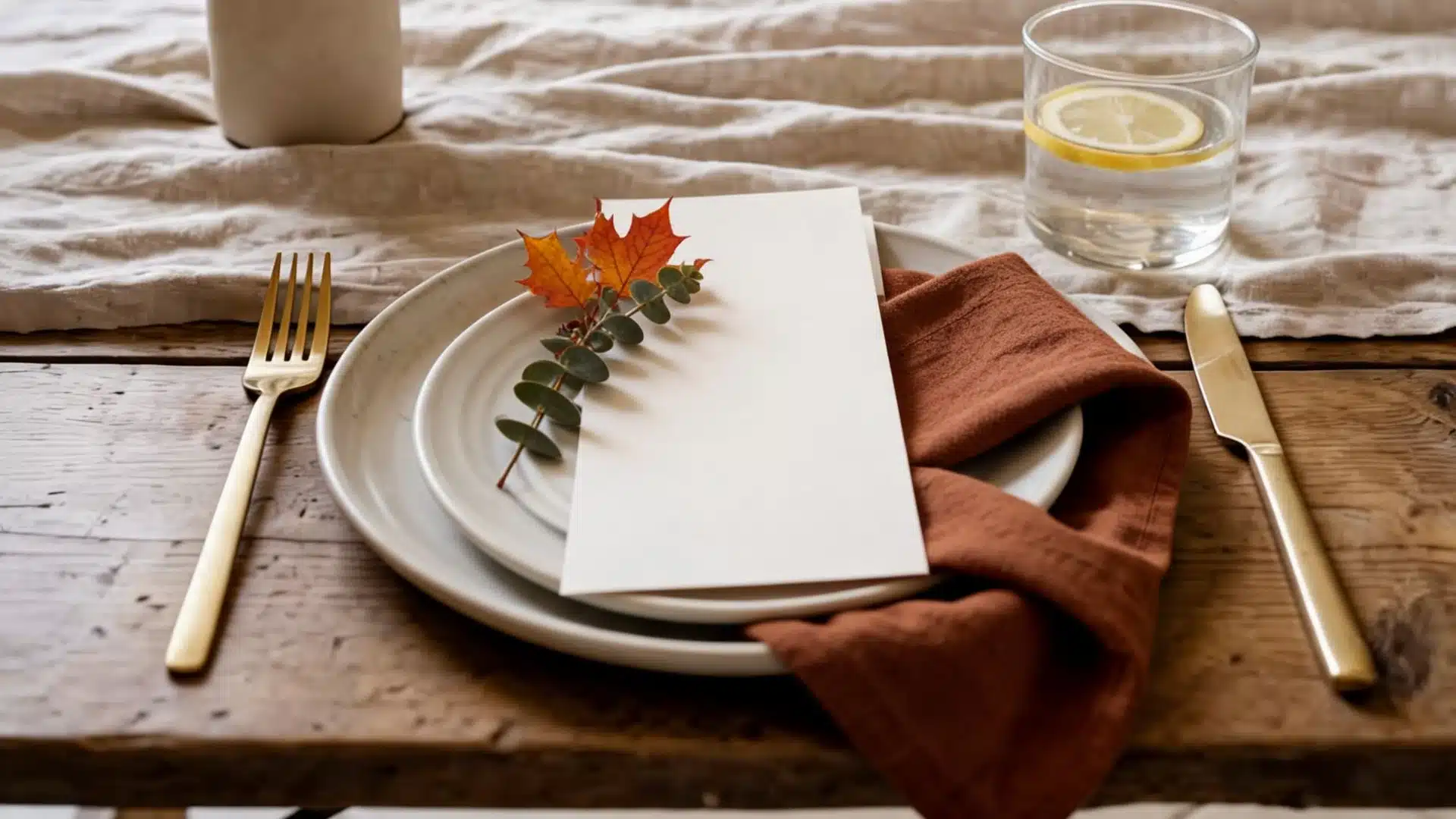 blank menu card with autumn leaves on a place setting with rust napkin and gold flatware