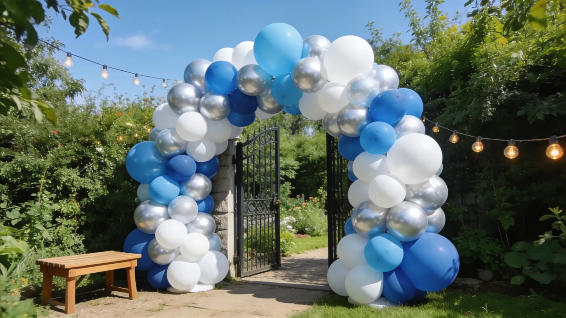 blue and silver balloon arch decorating an outdoor garden setup
