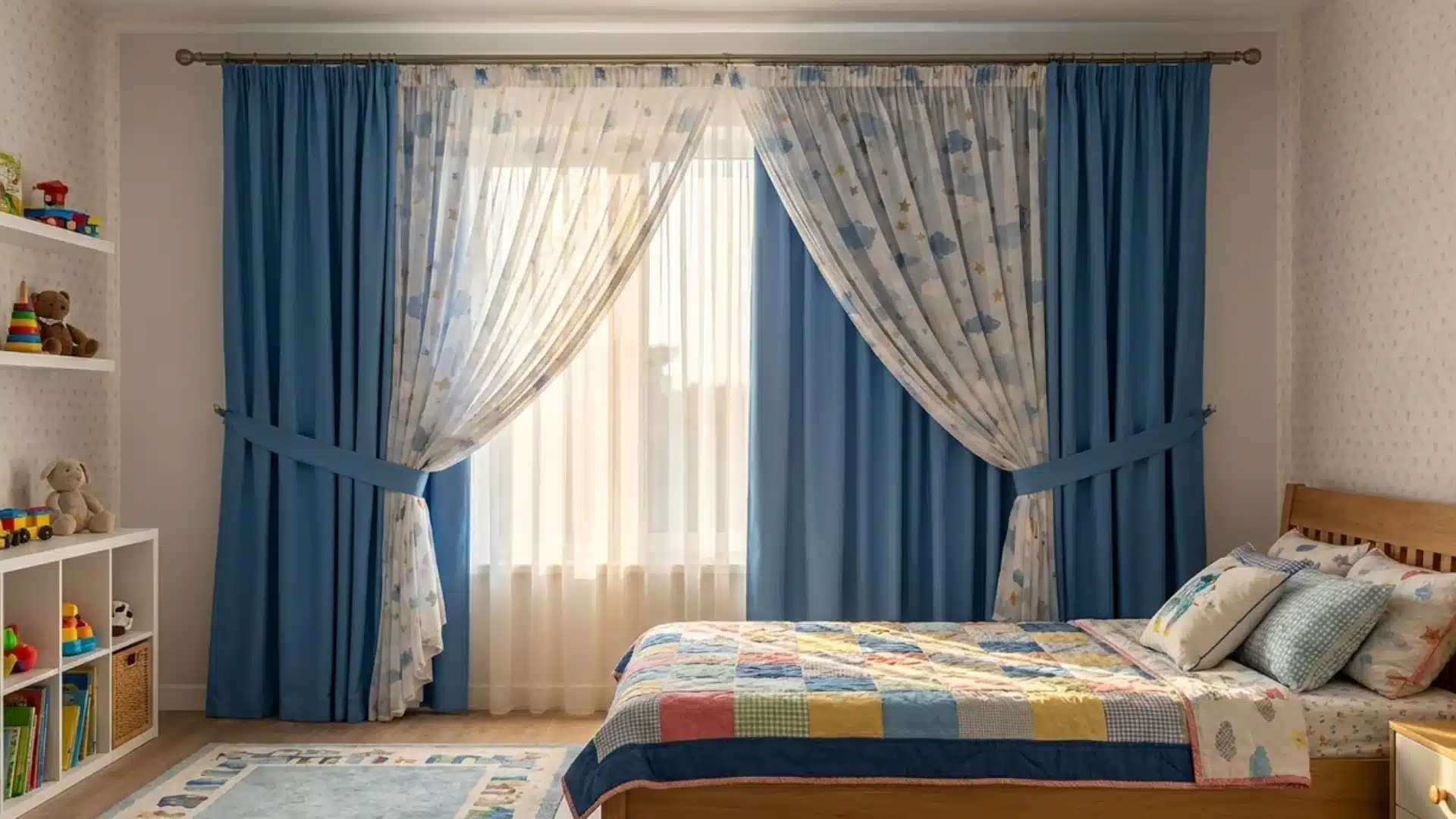 blue blackout curtains layered over sheer patterned curtains framing a window above a quilted bed