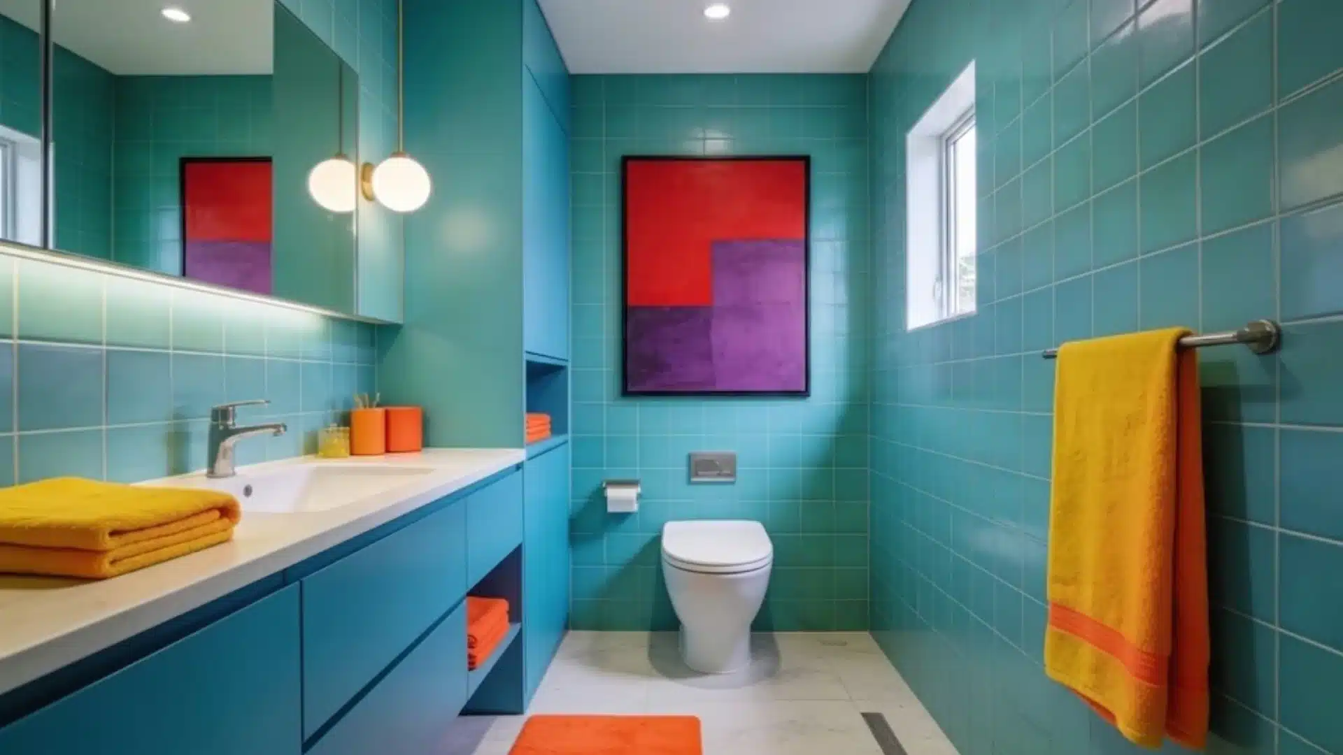 blue-green tiled bathroom with yellow-orange towels and red-purple artwork, creating a vibrant, balanced interior