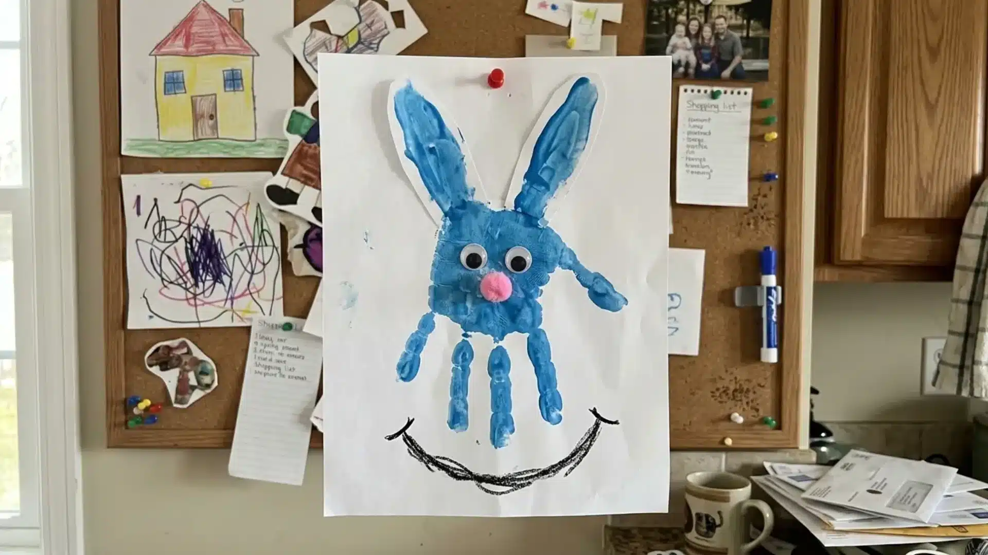 blue handprint shaped into a bunny with googly eyes and a pink pompom nose pinned to a board