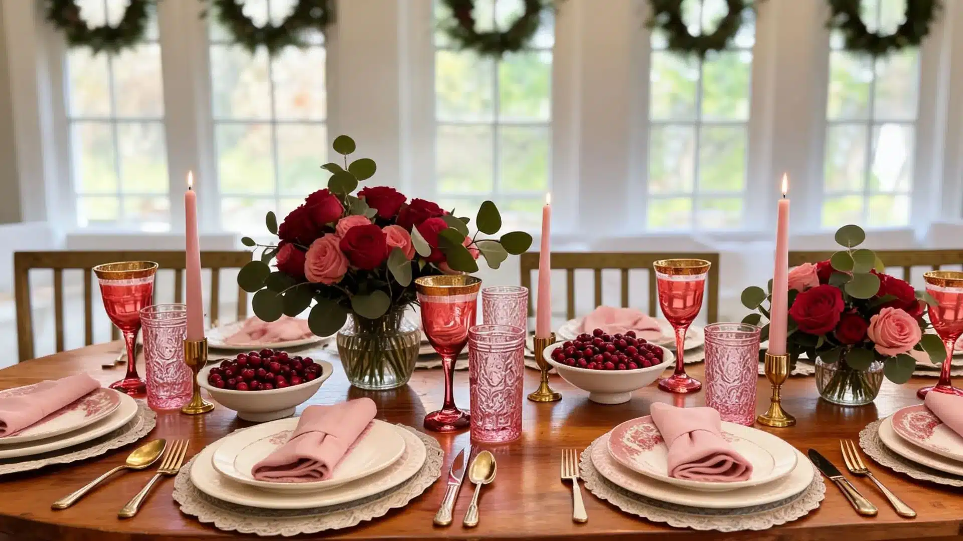 blush pink table setting with red rose centerpieces, cranberry bowls, and pink taper candles