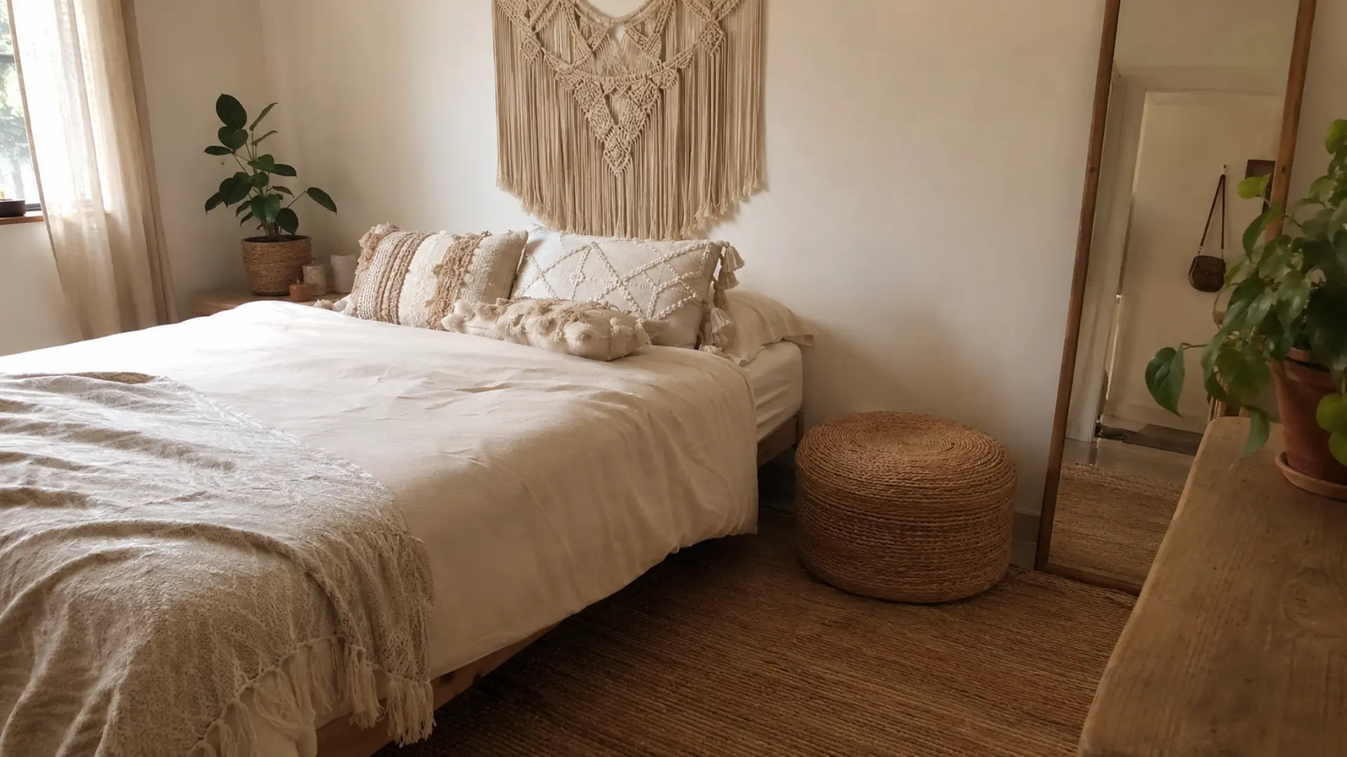boho bedroom with macramé wall hanging, jute pouf, and layered woven pillows