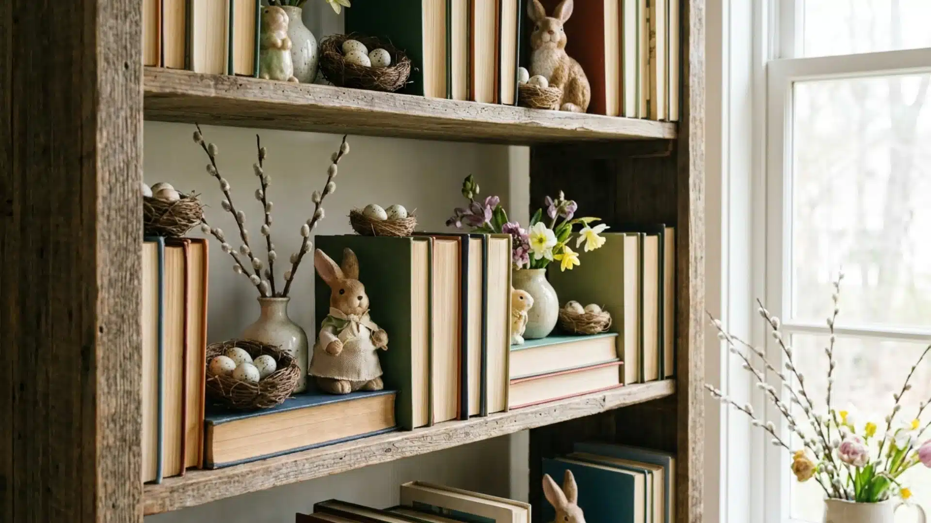 bookshelf accented with miniature nests and small rabbit figurines