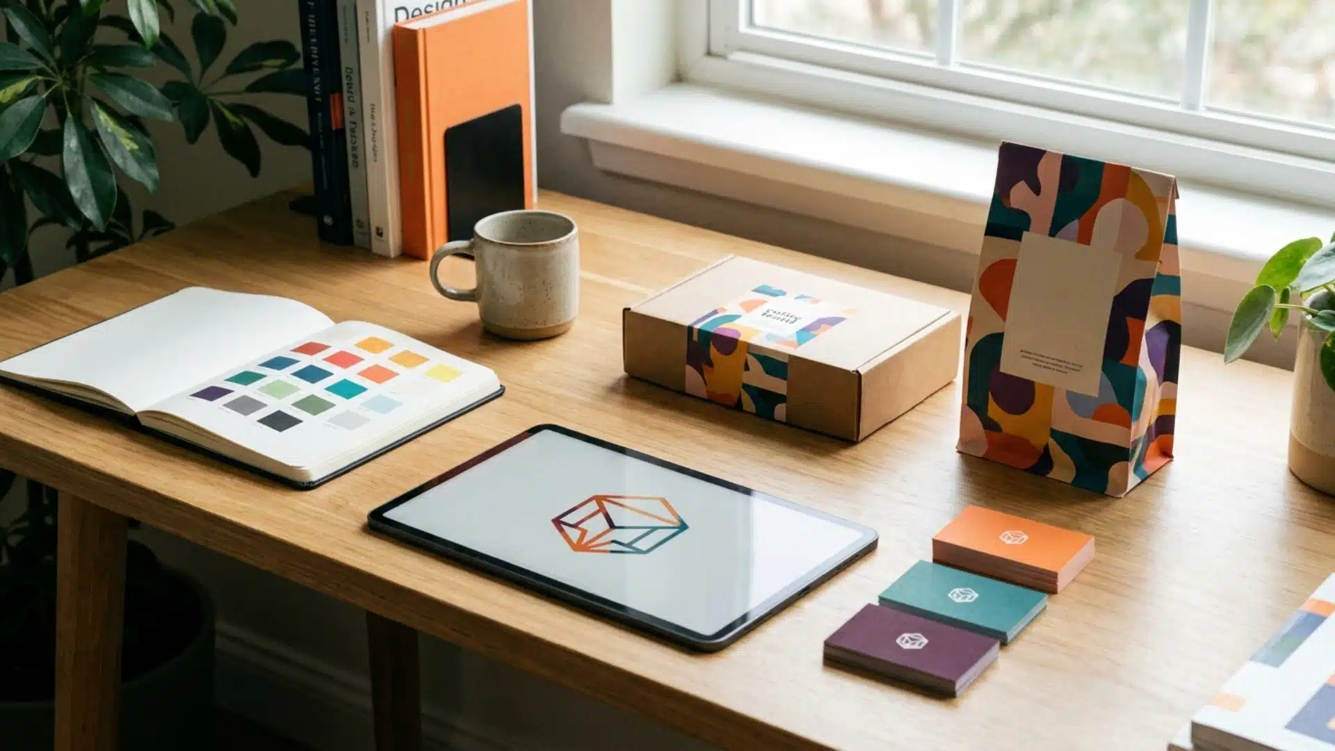 branding mockups displaying a bold triadic color palette on a designer desk
