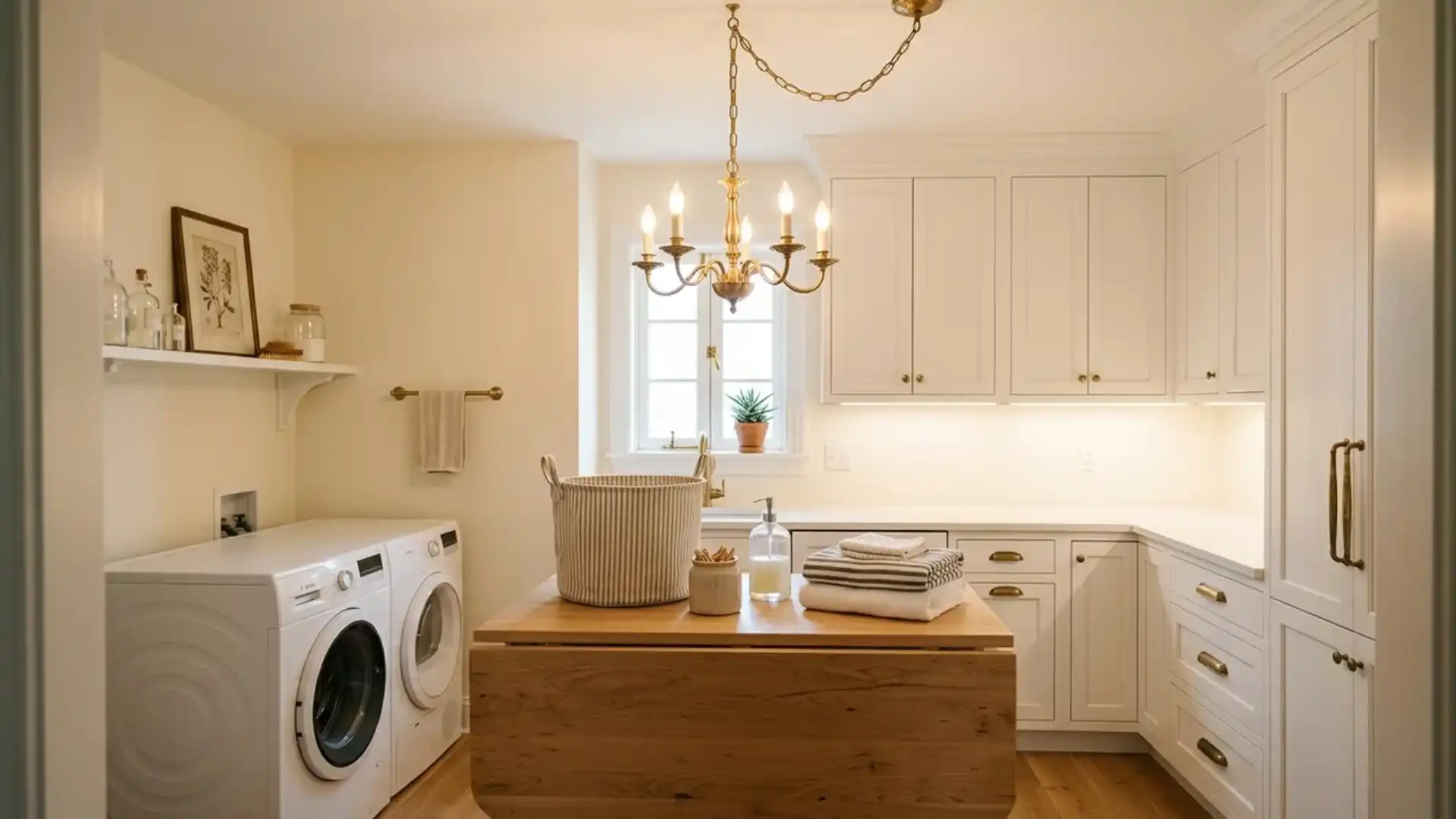 brass chandelier above a wood folding table with a striped basket beside a washer and dryer