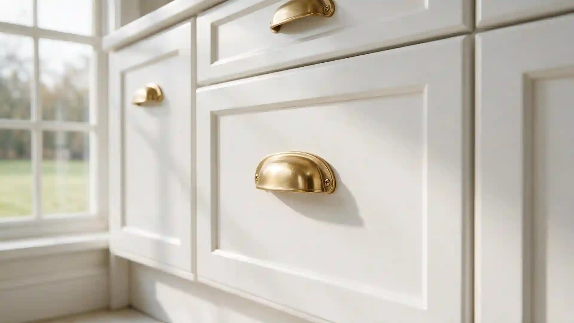 brass cup pull cabinet hardware installed on white shaker style laundry room cabinets