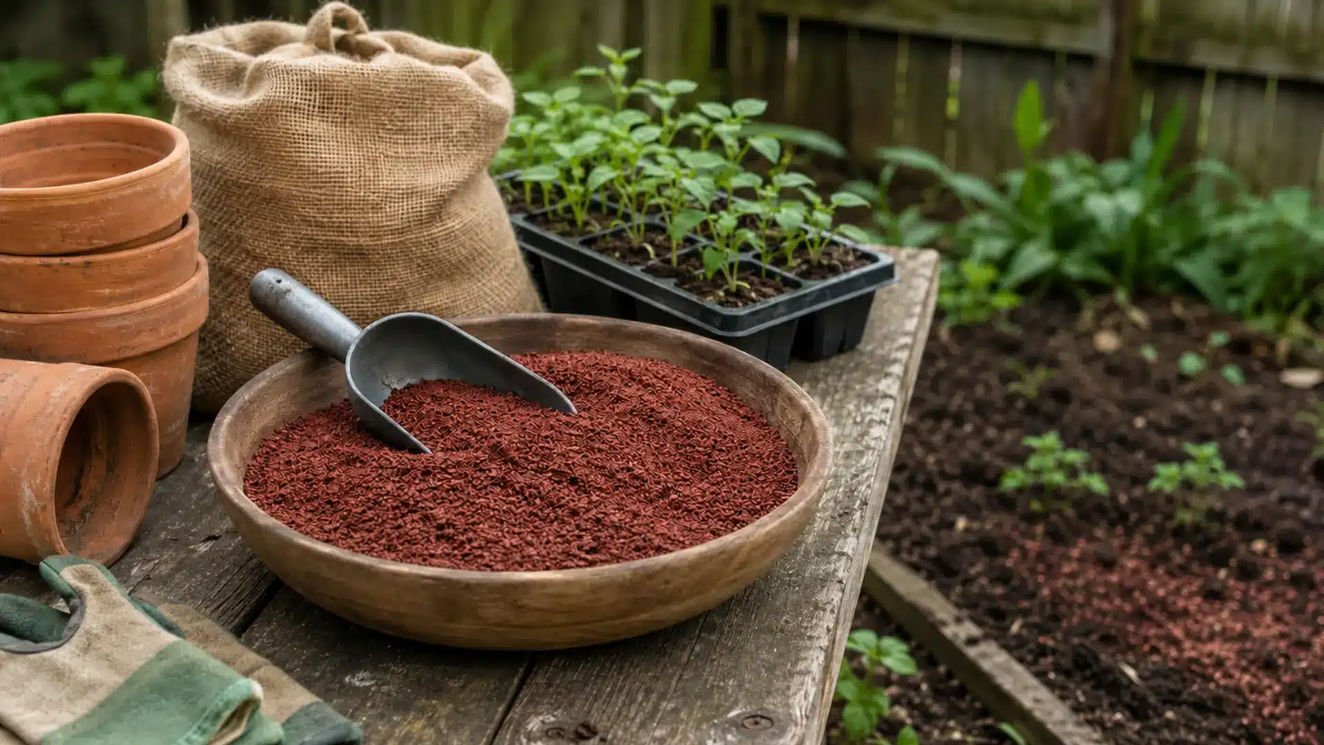 brick-red blood meal in a wooden bowl beside seedlings and terracotta pots