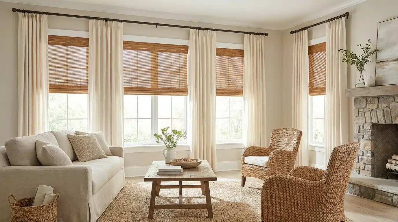 bright living room with a cream sofa, wicker chairs, coffee table, bay windows with woven shades, and a stone fireplace