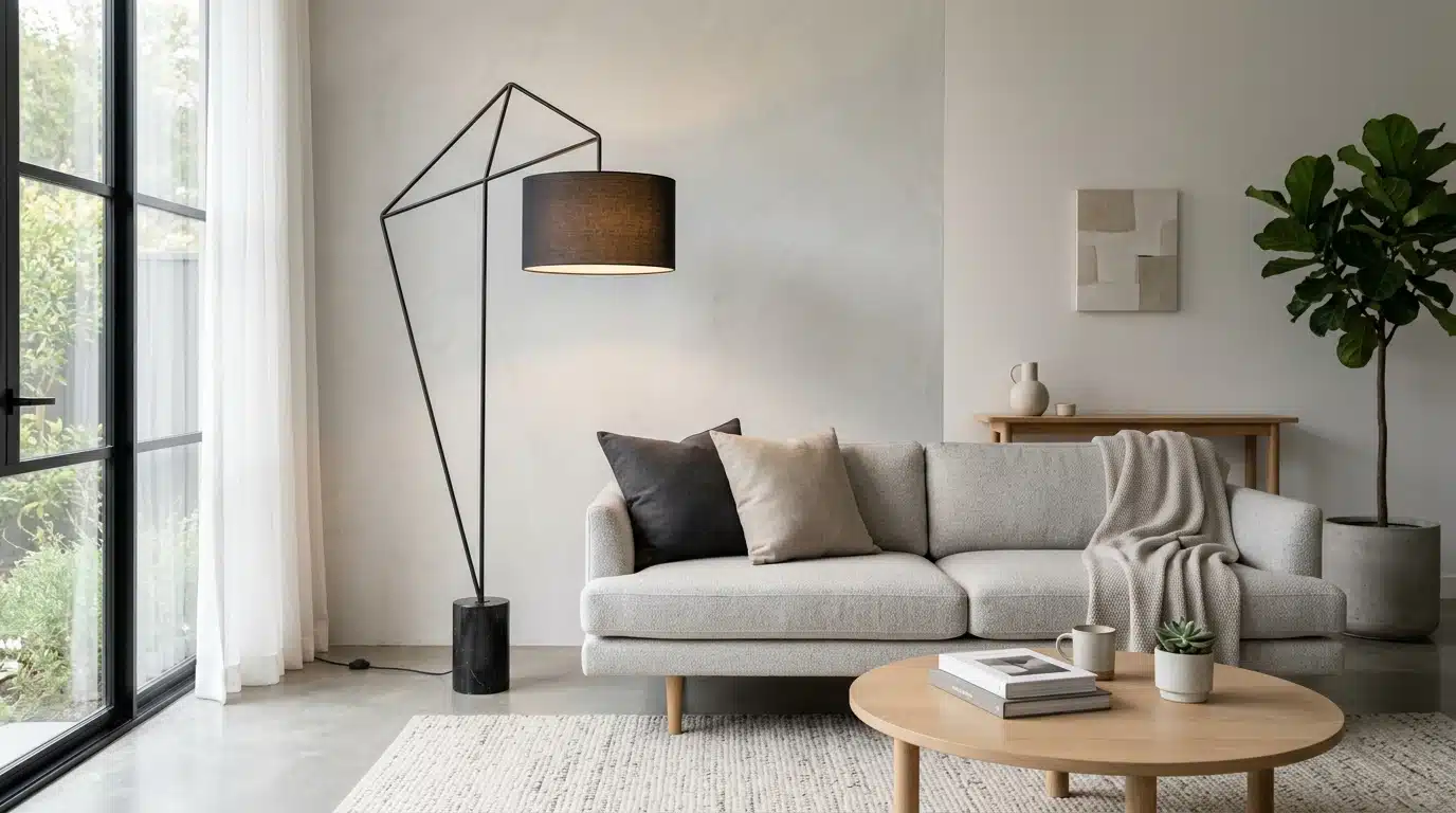 bright living room with a gray sofa, floor lamp, coffee table, potted plant, sideboard, rug, and large window